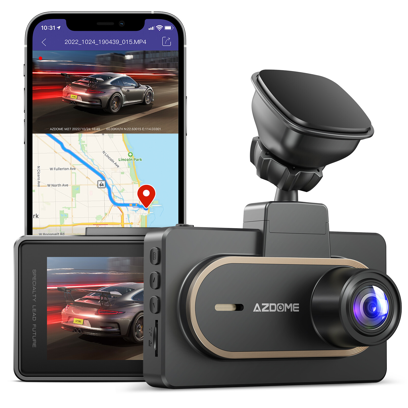 AZDOME 2K Dash Cam Built-in WiFi Car Dashboard Camera Parking Monitor 3″ Display
