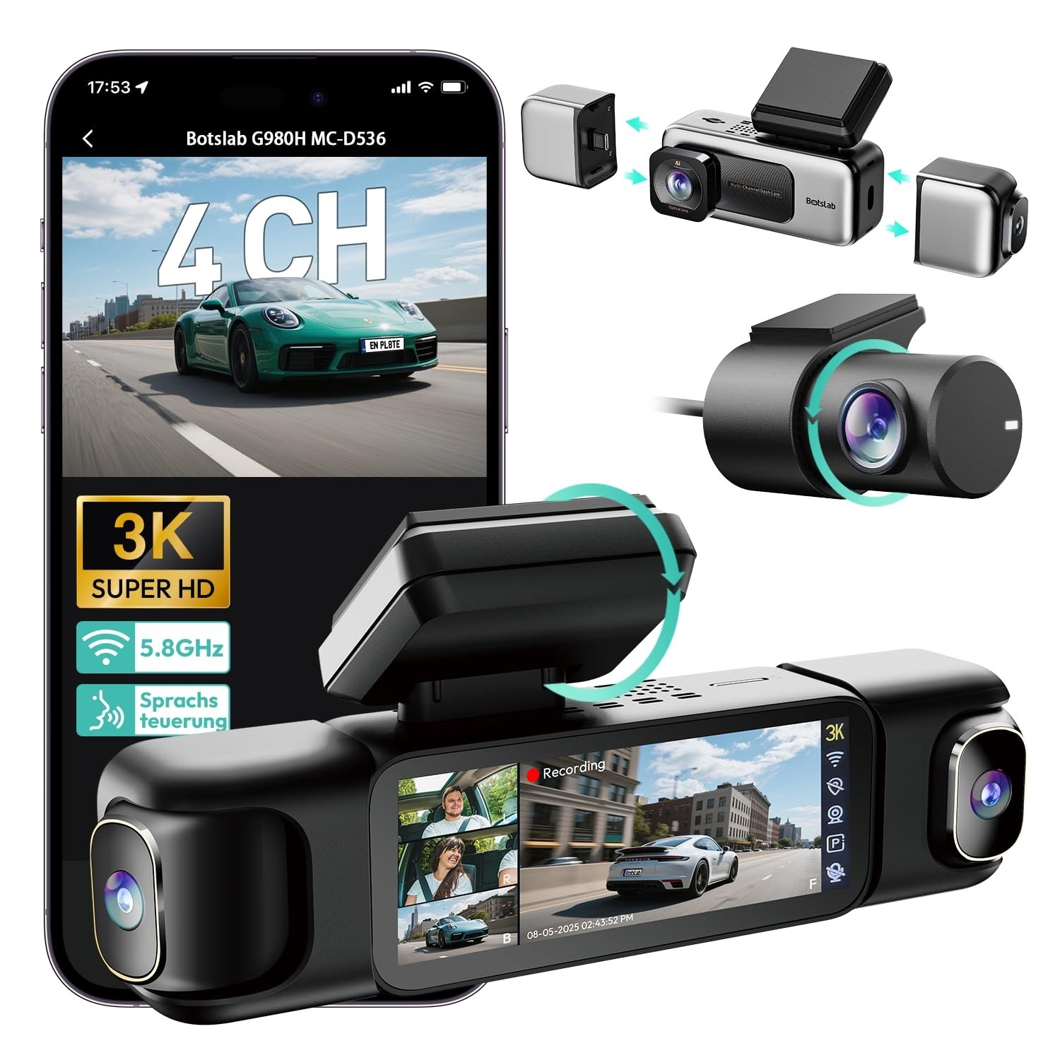 BOTSLAB 3K 4 Channel Dash Cam 360° All-Around View, Front/Rear/Inside Car Camera