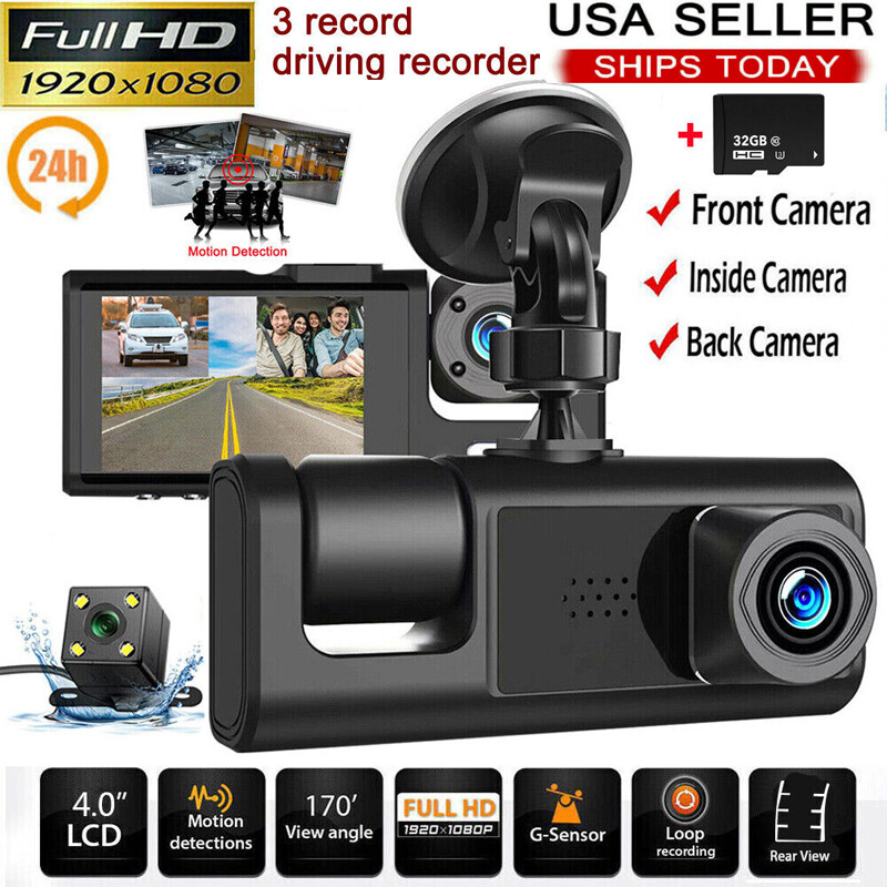 HD 1080P Car Dual Lens Dash Cam Front/Rear/Inside Video Recorder Camera G-sensor