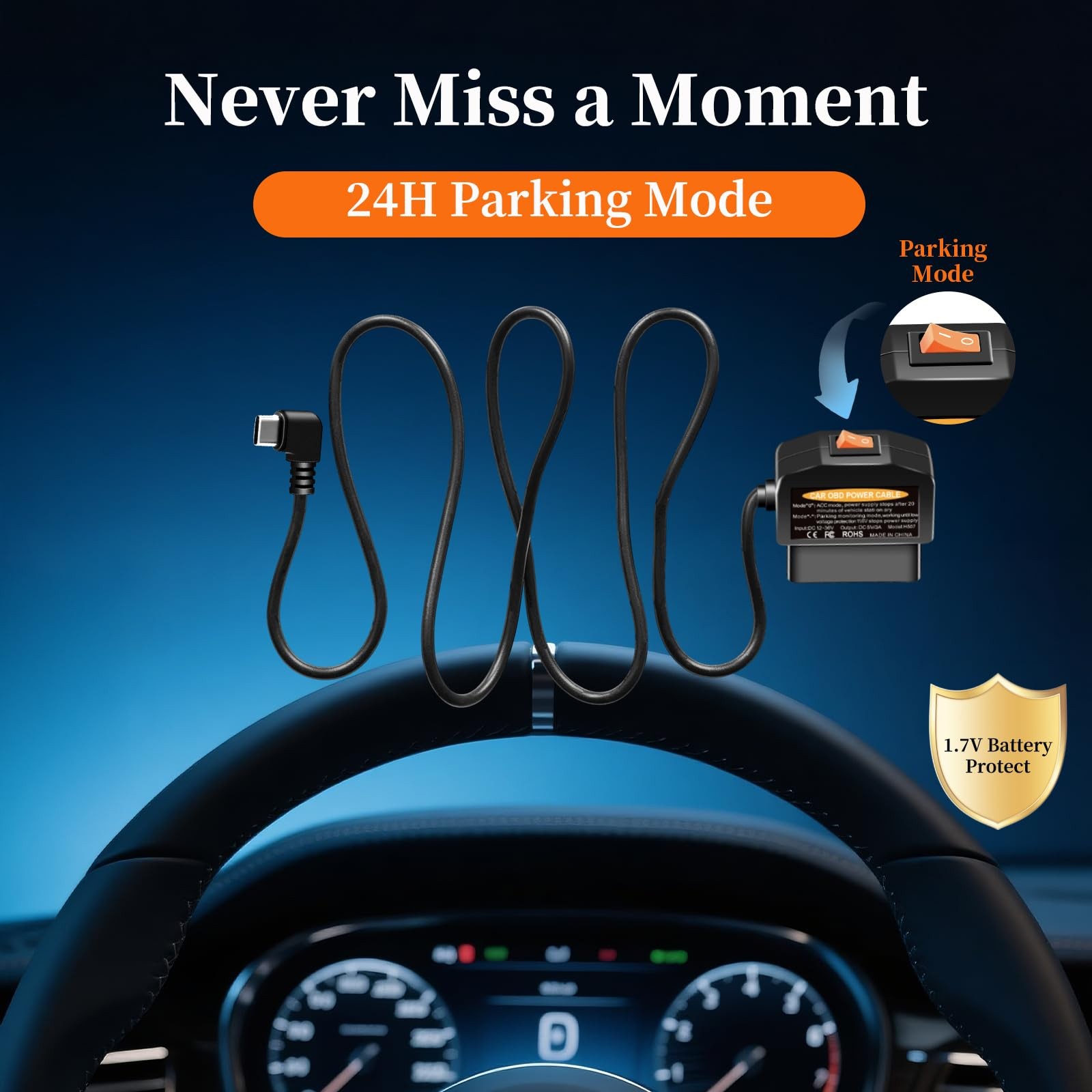 OBD2 to USB C Power Adapter for Dash Cam, Hardwire Kit with Parking Mode, Low…