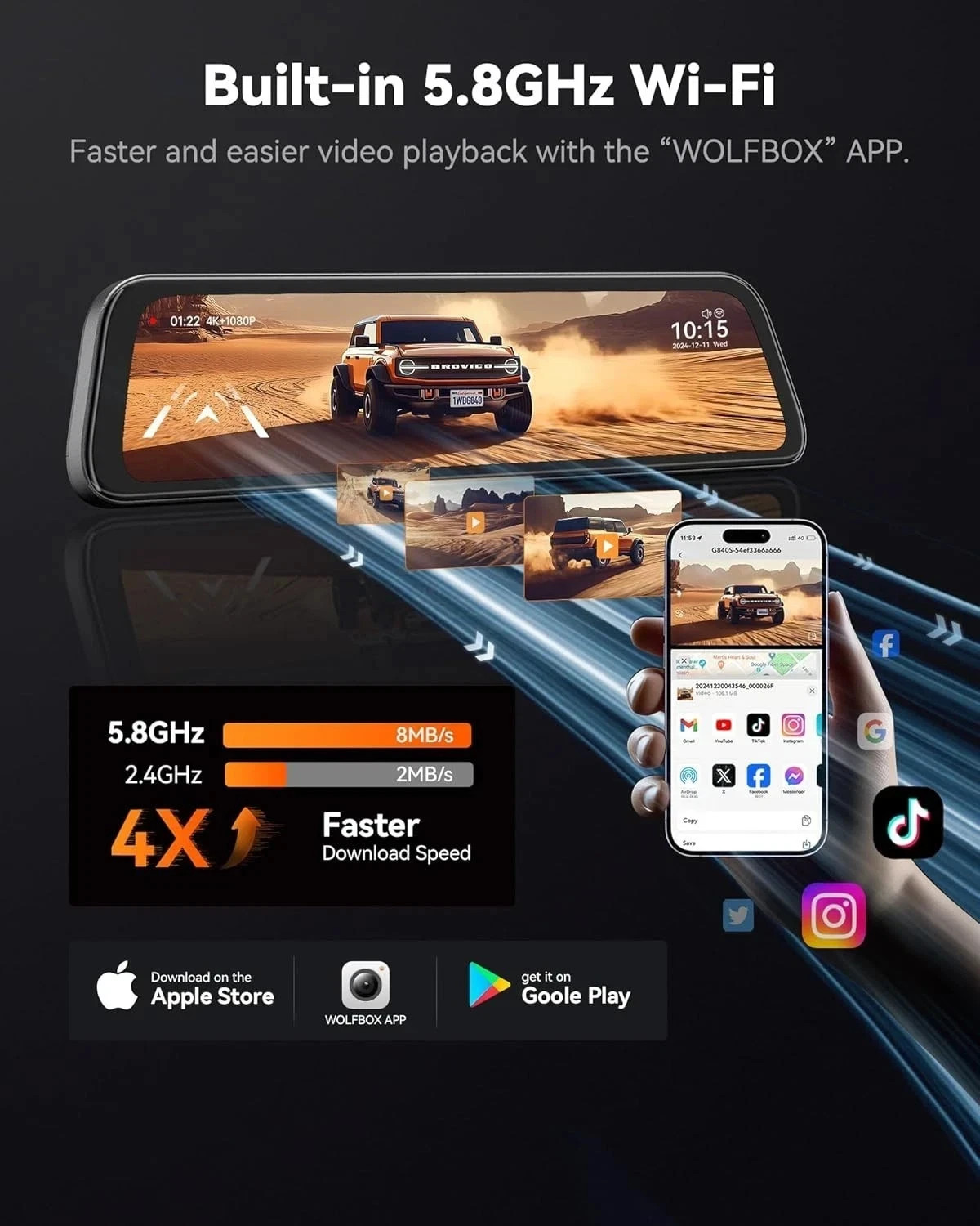 WOLFBOX G840PRO V02 Mirror Dash Cam IMX678 5.8GHz WiFi GPS,W/4A Acc Hardwire Kit
