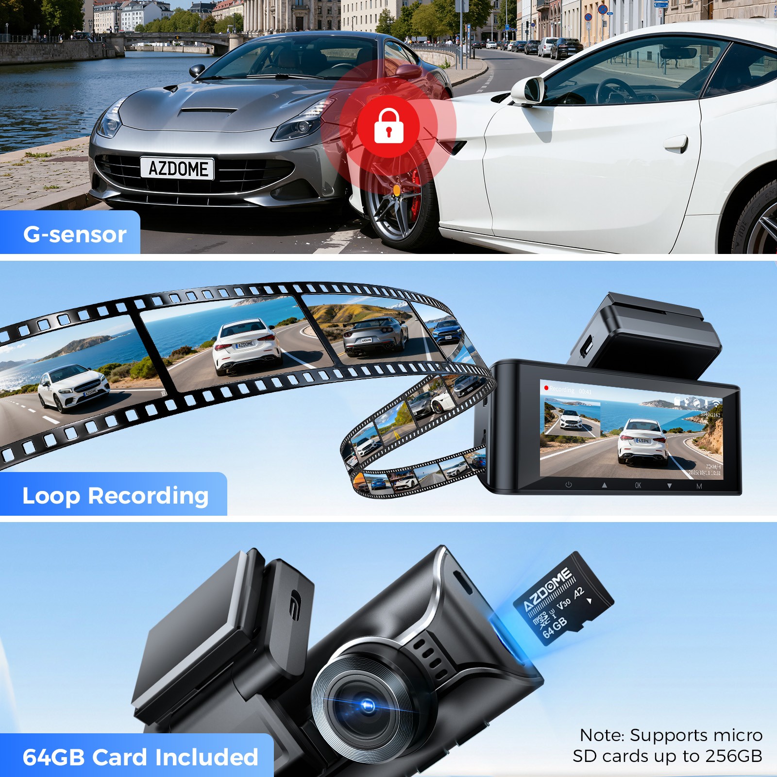 AZDOME 2CH 3.19″ IPS 4K+2.5K Dash Cam 5GWiFi GPS Parking Mode Voice Control ADAS