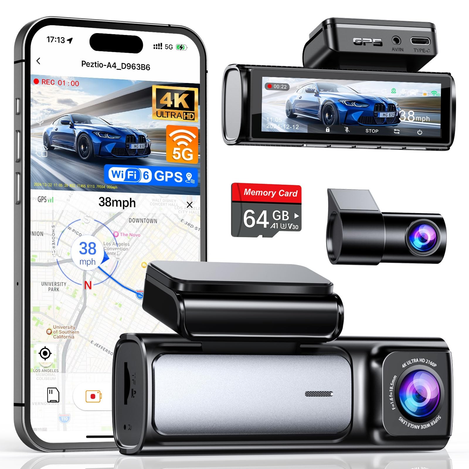 4K+2.5K Dash Cam Front and Rear, Built-in 5G WiFi 6 GPS, 64GB Card Included, …
