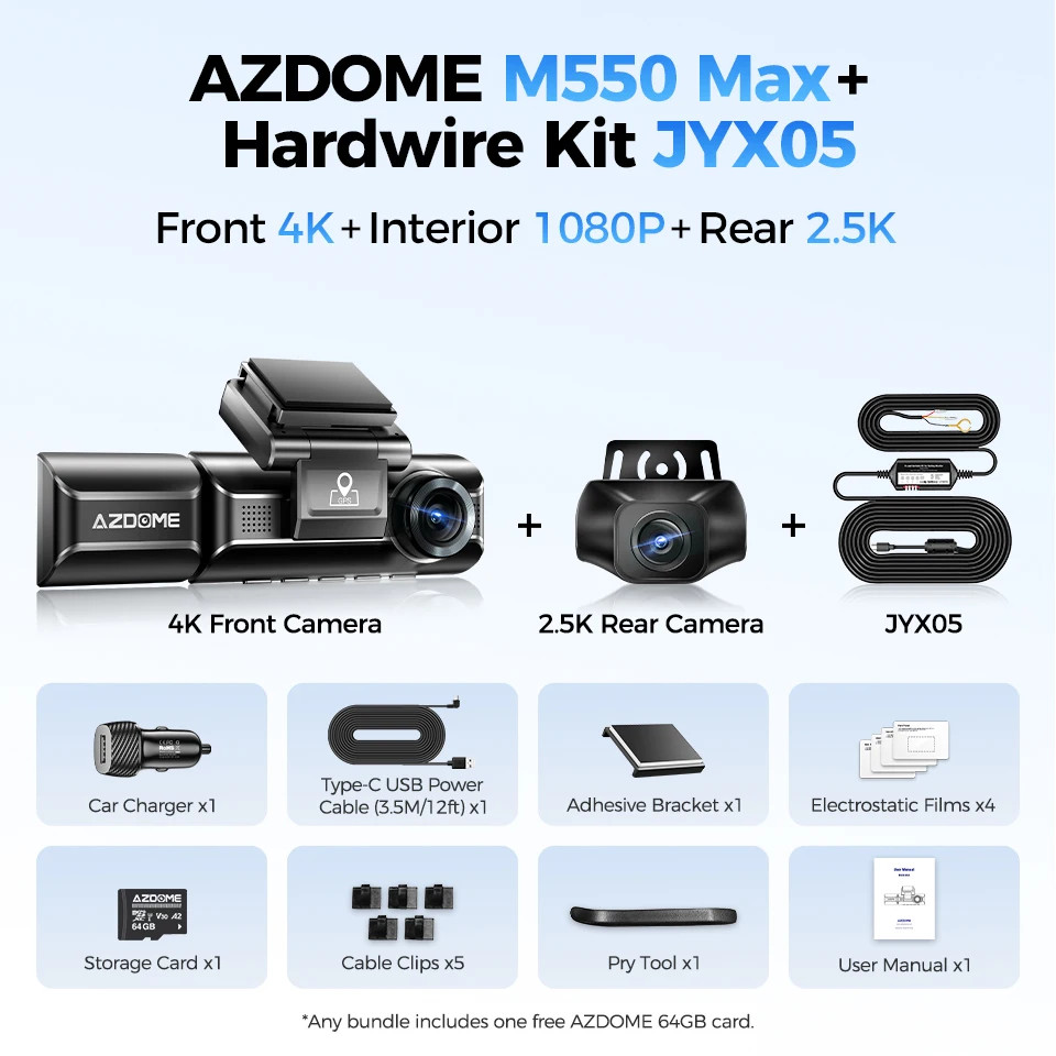 AZDOME M550 Max 4K Dash Cam 3-Channel GPS WiFi Night Vision 24H Parking