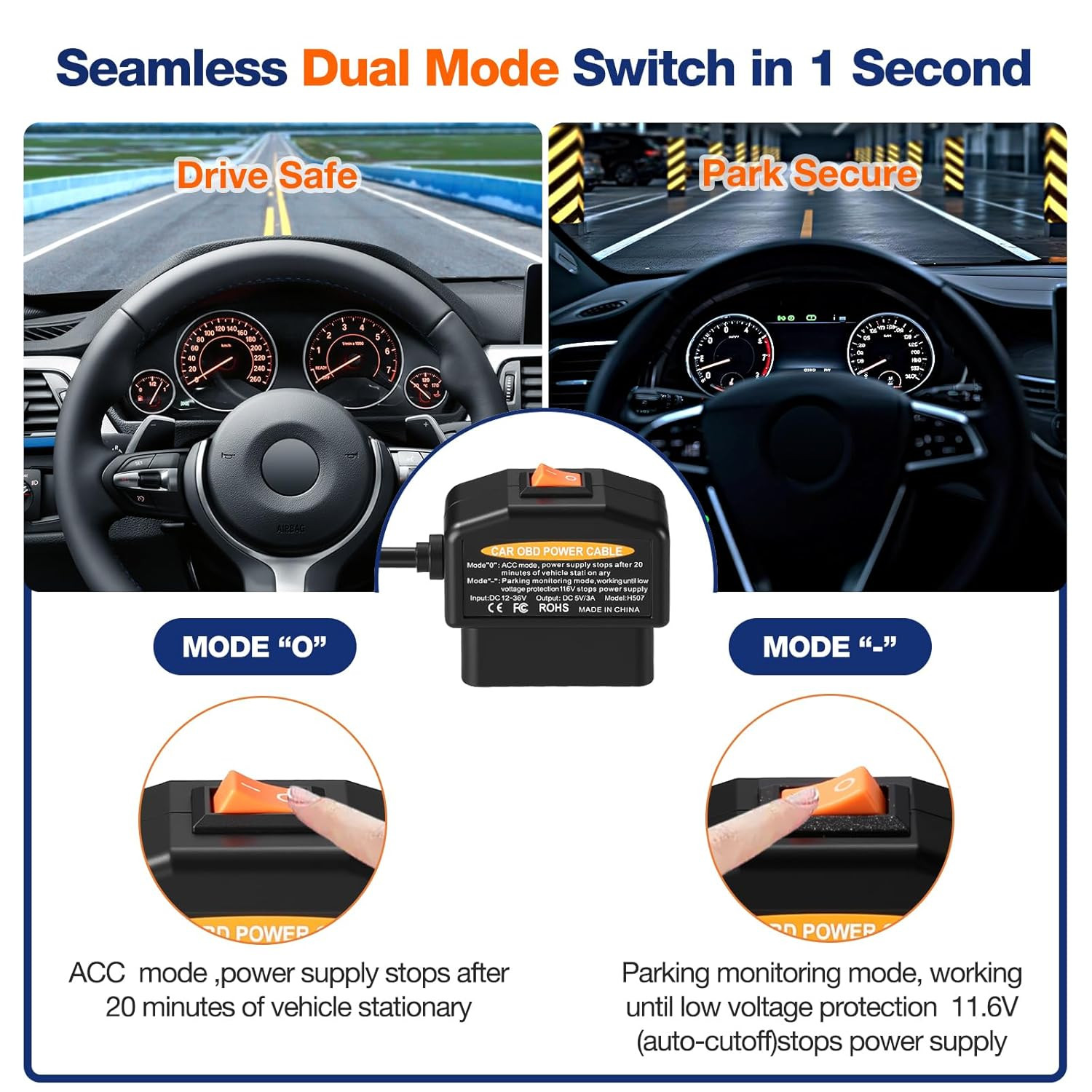 OBD Power Cable for Dash Camera,Obd2 to USB C Adapter Hardwire Kit with Low Volt