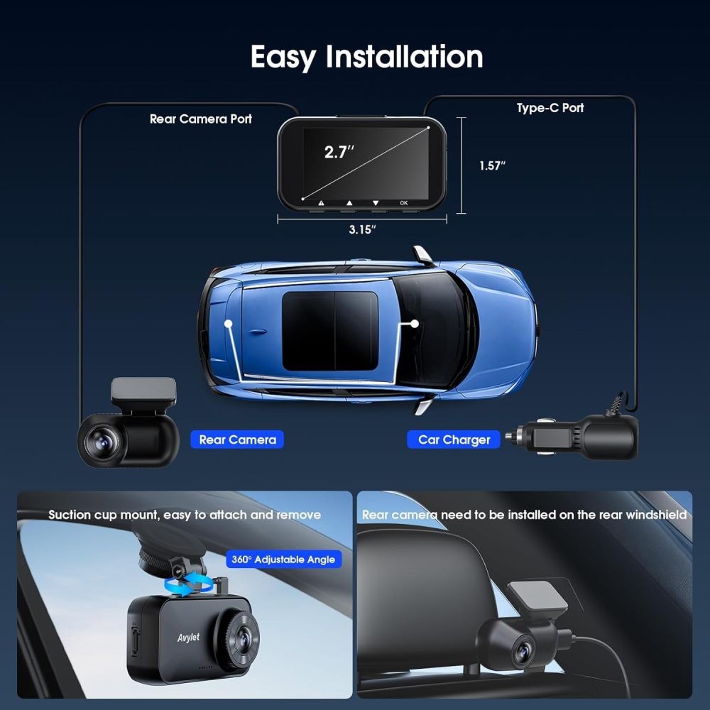 Avylet Front and Rear Dash Cam 4K/2.5K+1080P 5G WiFi APP Control 2.7″ IPS Screen