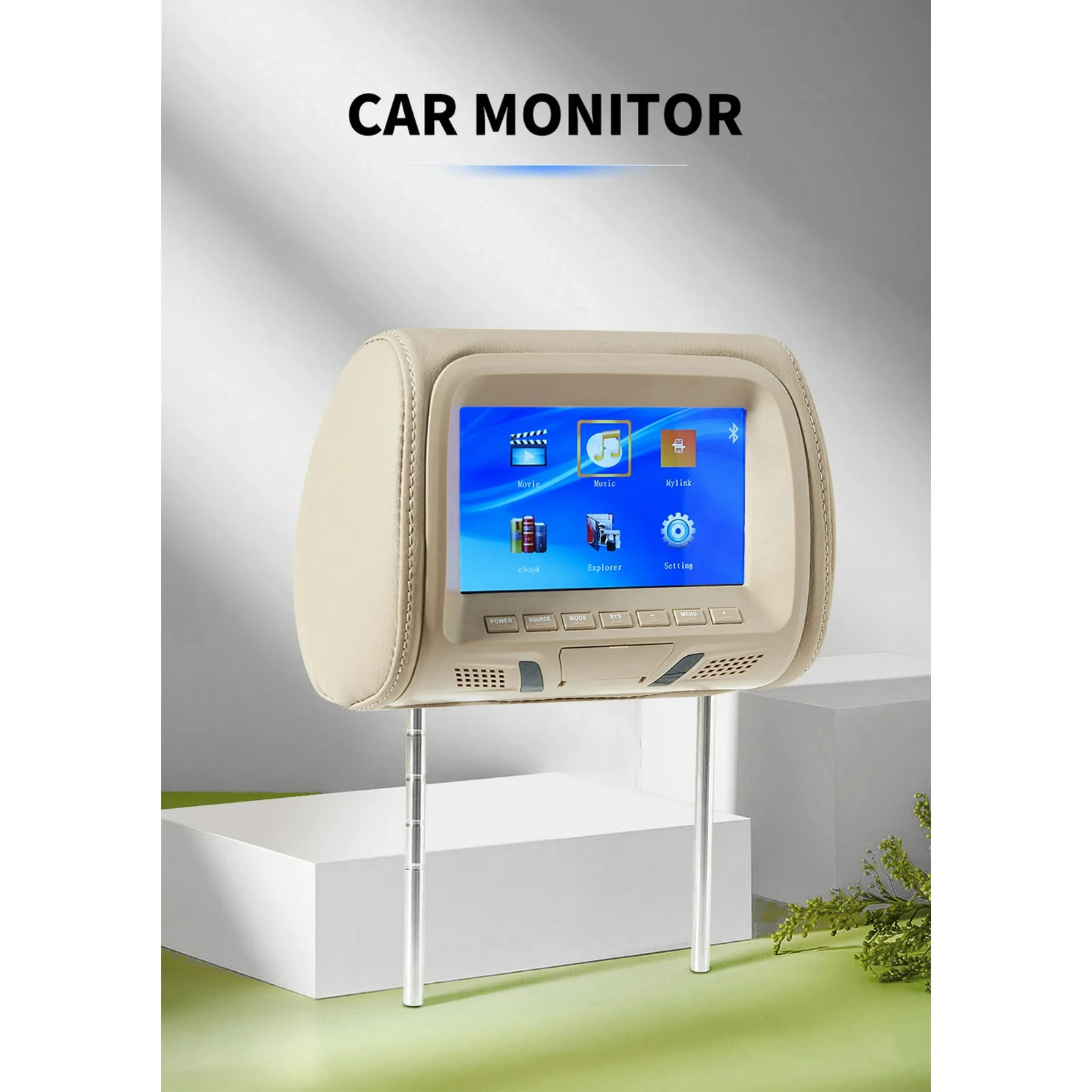 Universal 7″ LCD Car Headrest Built in Screen with USB/SD/Aux Ports -Tan