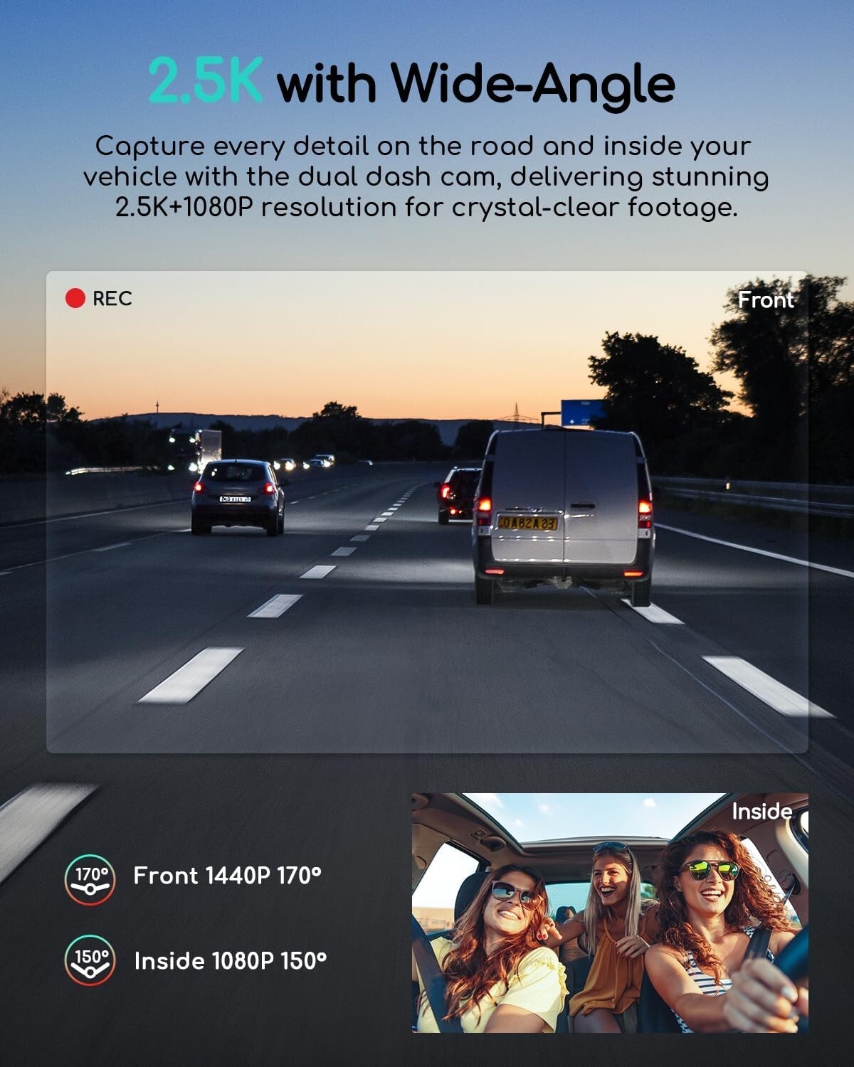 COOAU 2.5K Wi-Fi Dash Camera Front and Rear Inside Build-in GPS Dash Cam 256GB