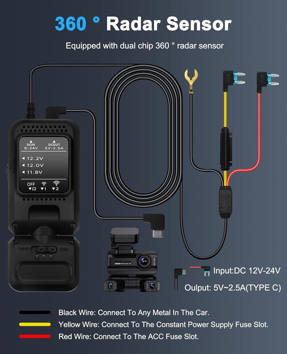 Dash Cam Hardwire Kit USB C Port,With Dual-Chip 360° Radar Sensor for 24H Parkin