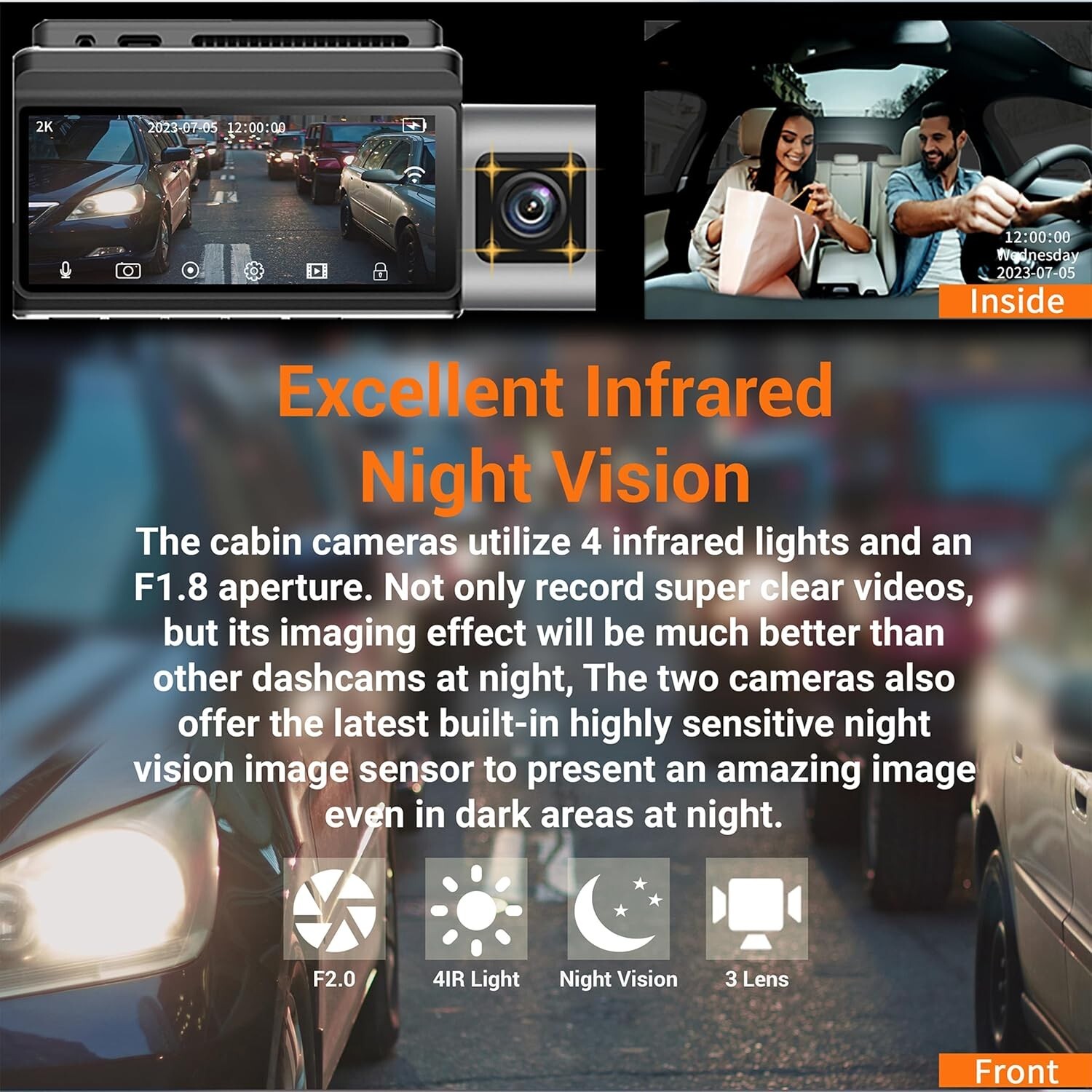 Dash Camera, 4K/1080P 3 Channel Car Camera with Front/Rear Cams, Included 4054