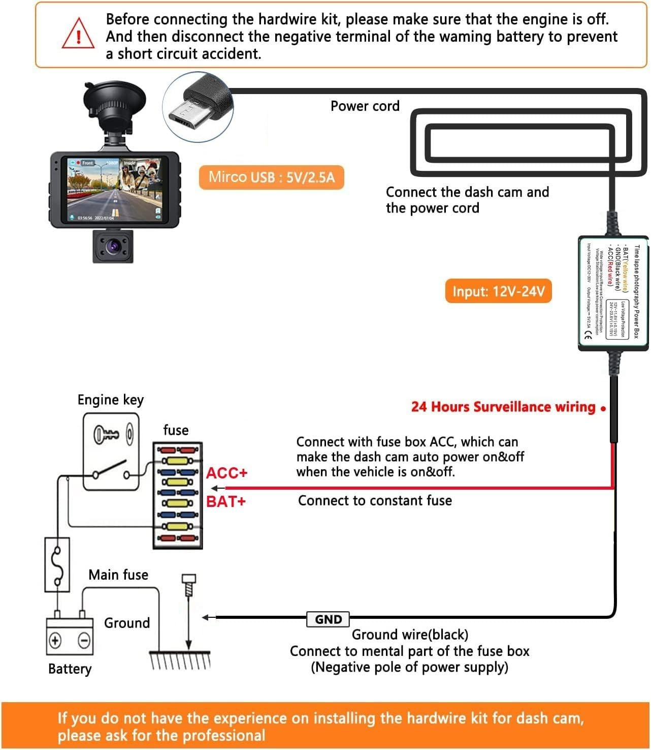 Dash Cam Hardwire Kit, Micro USB Port, DC 12V – 24V to 5V/2.5A Max Car Charge…
