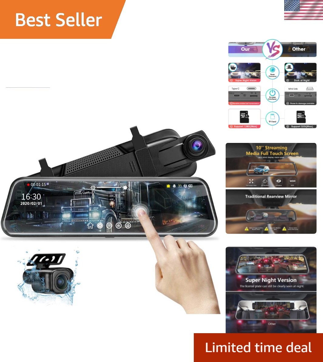 10” Mirror Dash Cam Night Vision 1080P FHD Full Touch Screen Front and Rear …