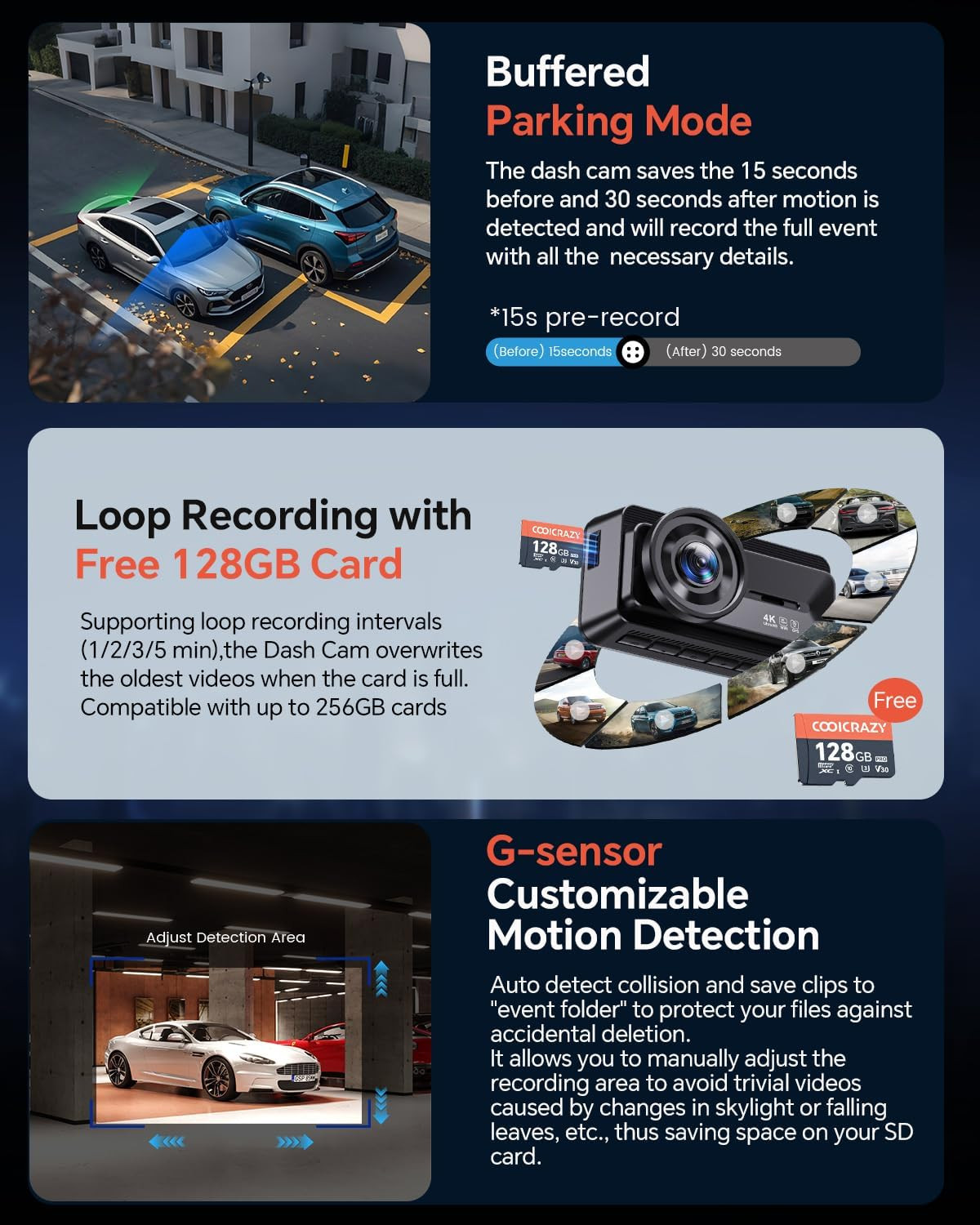 Coolcrazy 4K Dash Cam Front and Rear, STARVIS Sensor, Free 128GB Card Included,