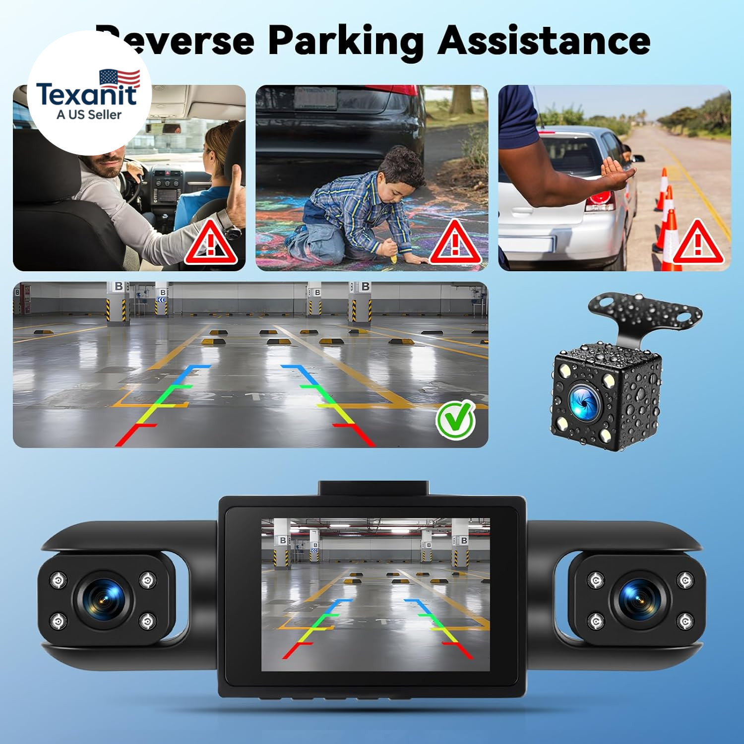 360° 4 Channel 1080P Dash Cam Front and Rear inside Left Right, 2“ IPS Dash for