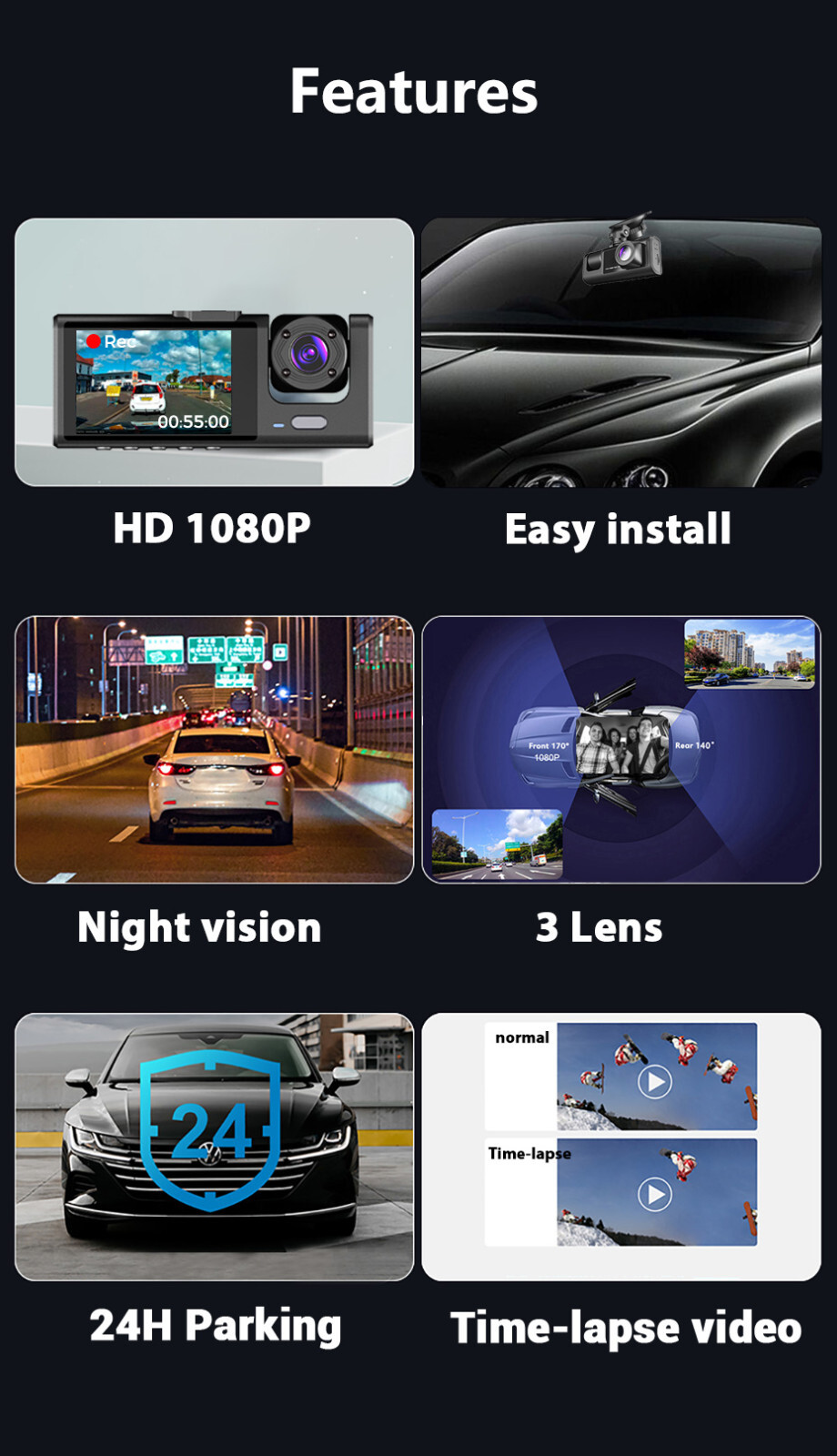 170° Car DVR 3 Lens Dash Cam Camera Recorder Video Registrator Camcorder WIFI