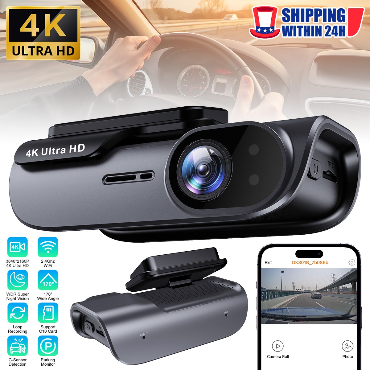 GPS 4K Dash Cam Wireless WiFi Front Car DVR Camera Video Recorder G- Sensor