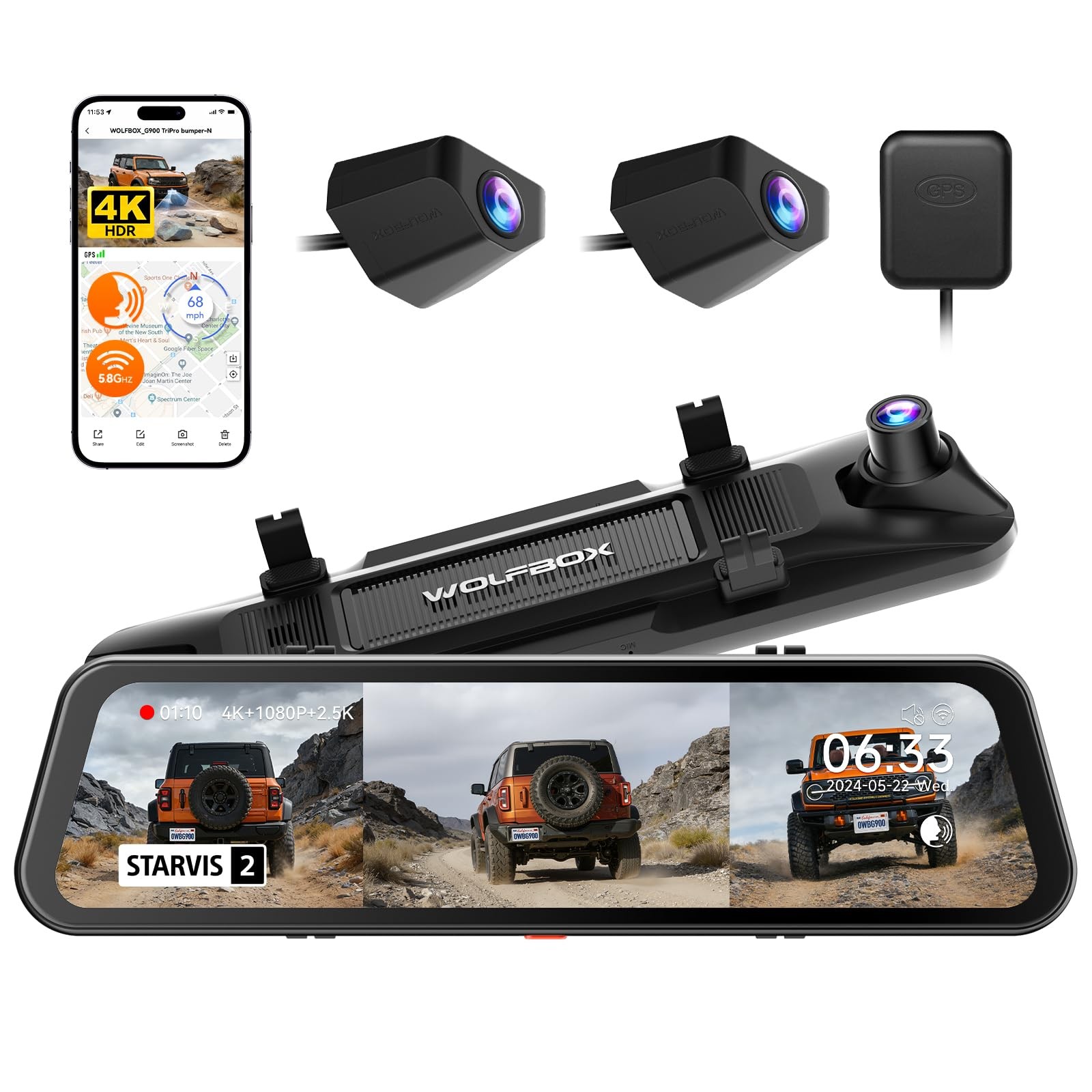 WOLFBOX G900 Tripro Bumper-N 3 Channel 4K Mirror Dash Cam 4K+2.5K+1080P