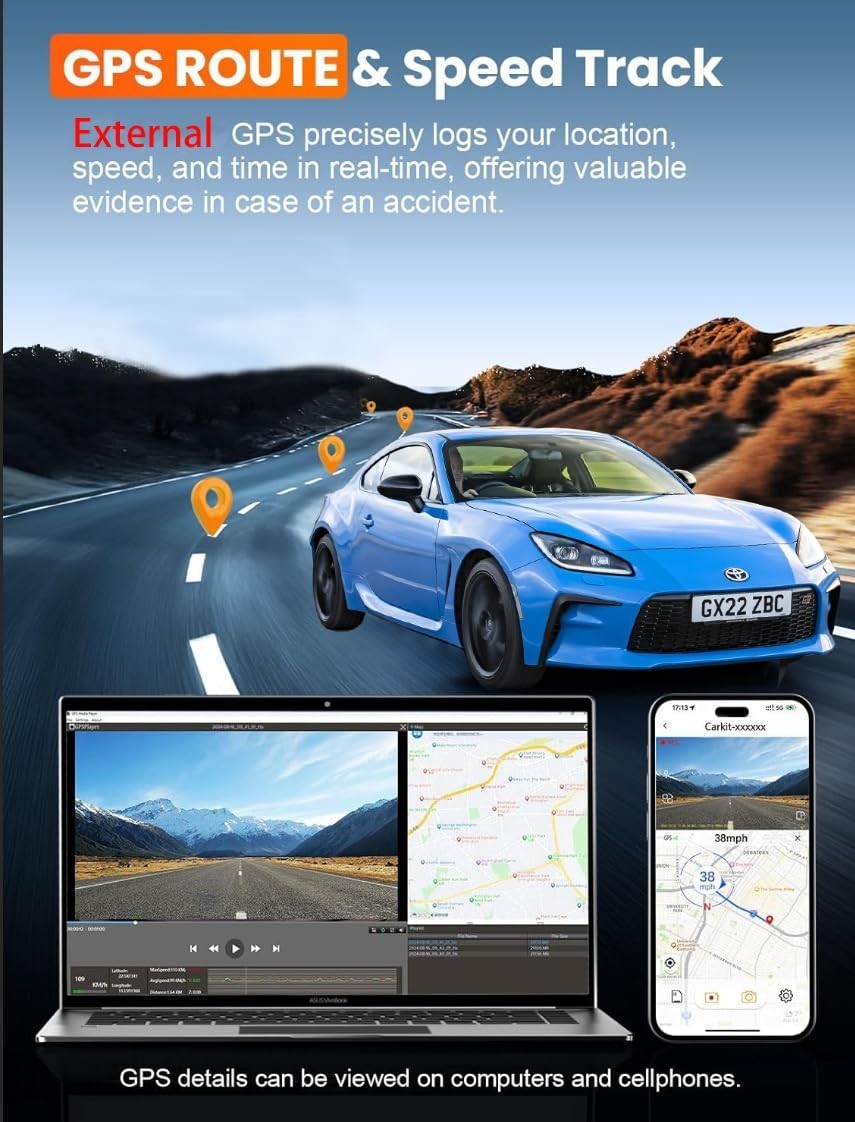 4K Dual Dash Cam with Voice Control, WiFi, GPS, Night Vision, 64GB Card Included