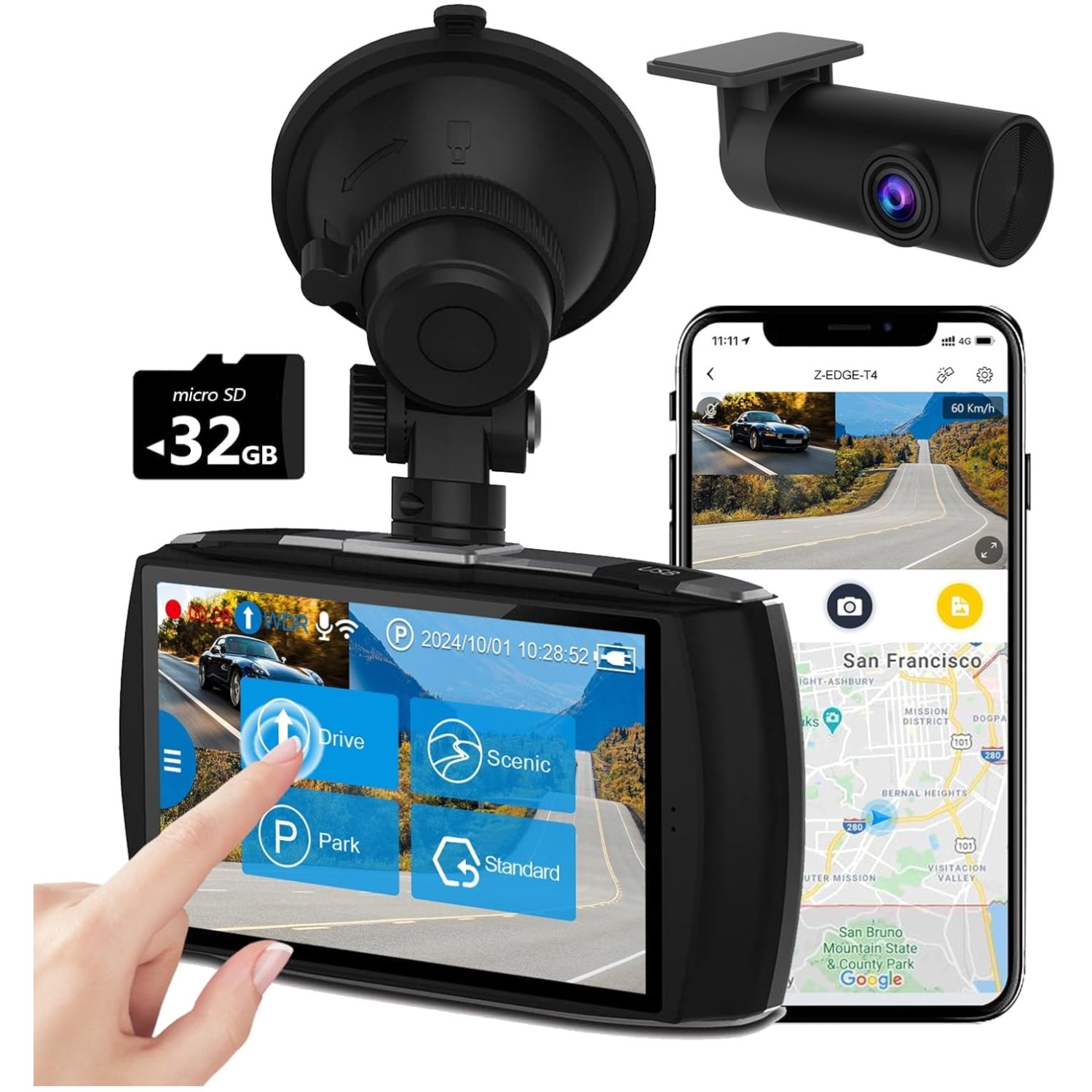 Z-Edge T4 Front and Rear Dash Cam, Night Vision, G-Sensor