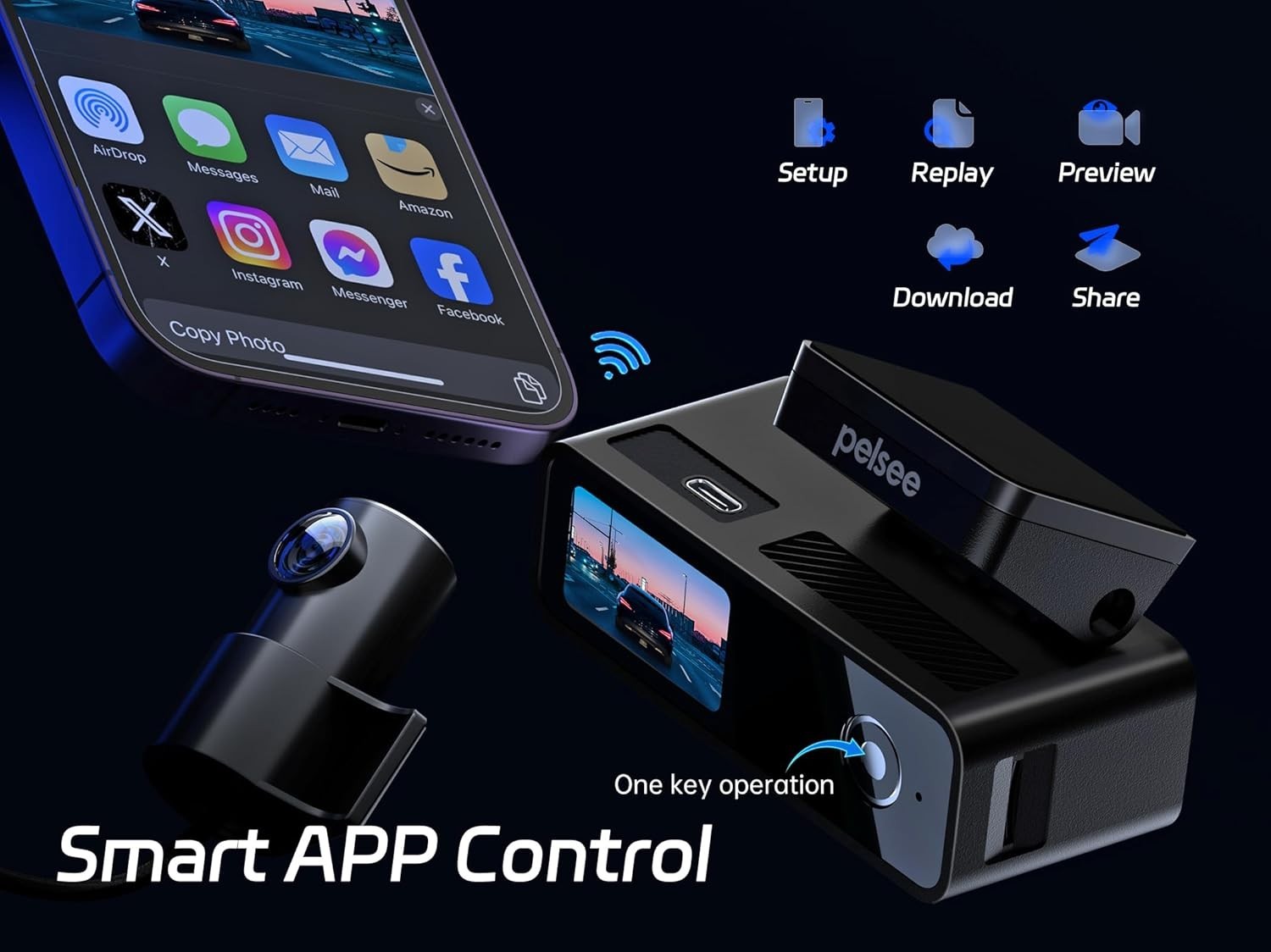 Dual Channel Dash Cam with 170° View, Built-in Wi-Fi & Night Vision