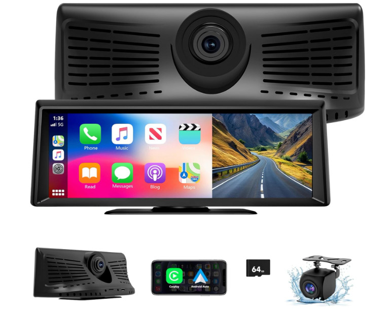 Pantalla CarPlay inalámbrica 8,1” con dash cam 2K, GPS y cámara trasera. Nuevo