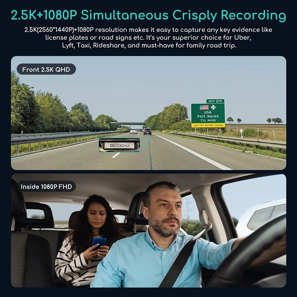 COOAU 4K Dash Cam with GPS Wi-Fi, Front and Inside Dual 2.5K 1080P, G-Sensor
