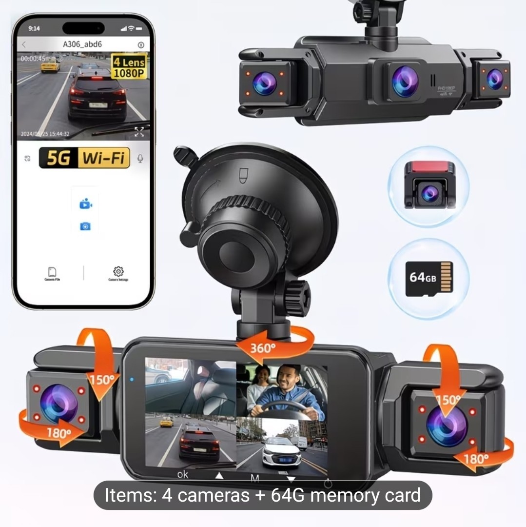 Dash Camera 64GB Memory Card Dash Cams For Cars Wireless Loop Recording 4 Channe