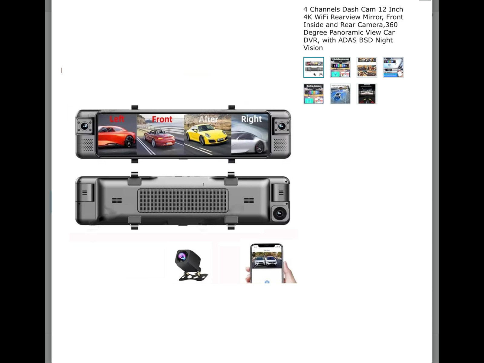 4 Channels Dash Cam 12 Inch 4K WiFi Rearview Mirror, Front Inside and Rear