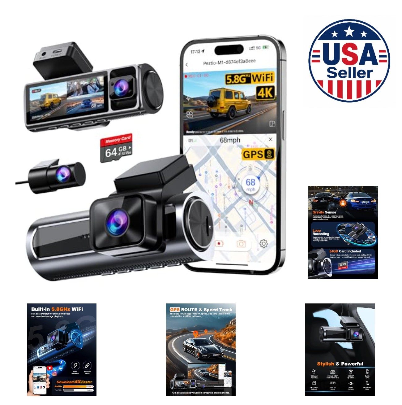 Dash Cam Front Rear Inside 4K 1080P 5.8GHz WiFi GPS 64GB Card Triple Car Camera