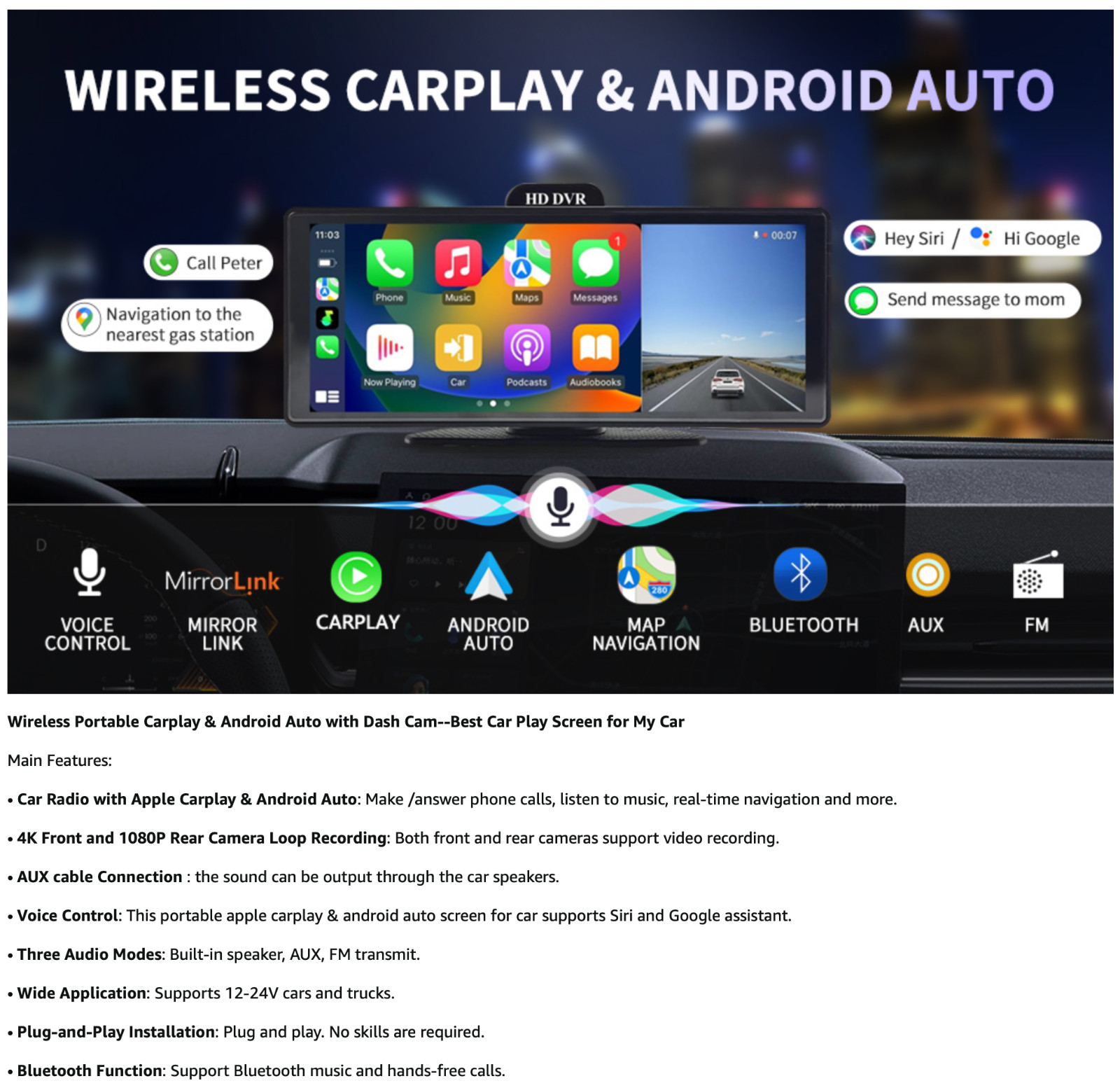 TOEEKLSA Car Play Screen for Car with Dash Cam