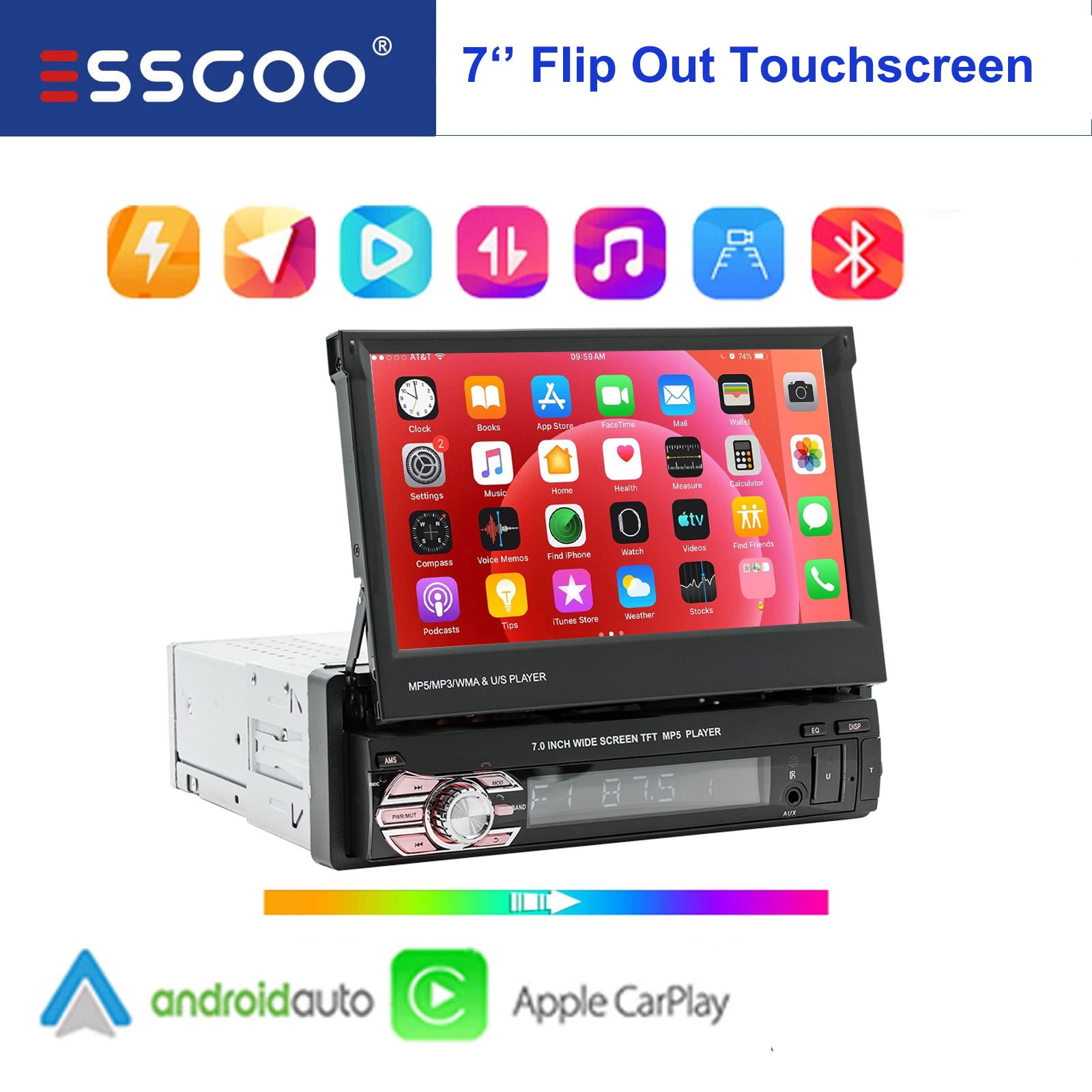 Single DIN 7″ Apple CarPlay Android Auto Car Stereo Radio Flip Out HD Screen BT