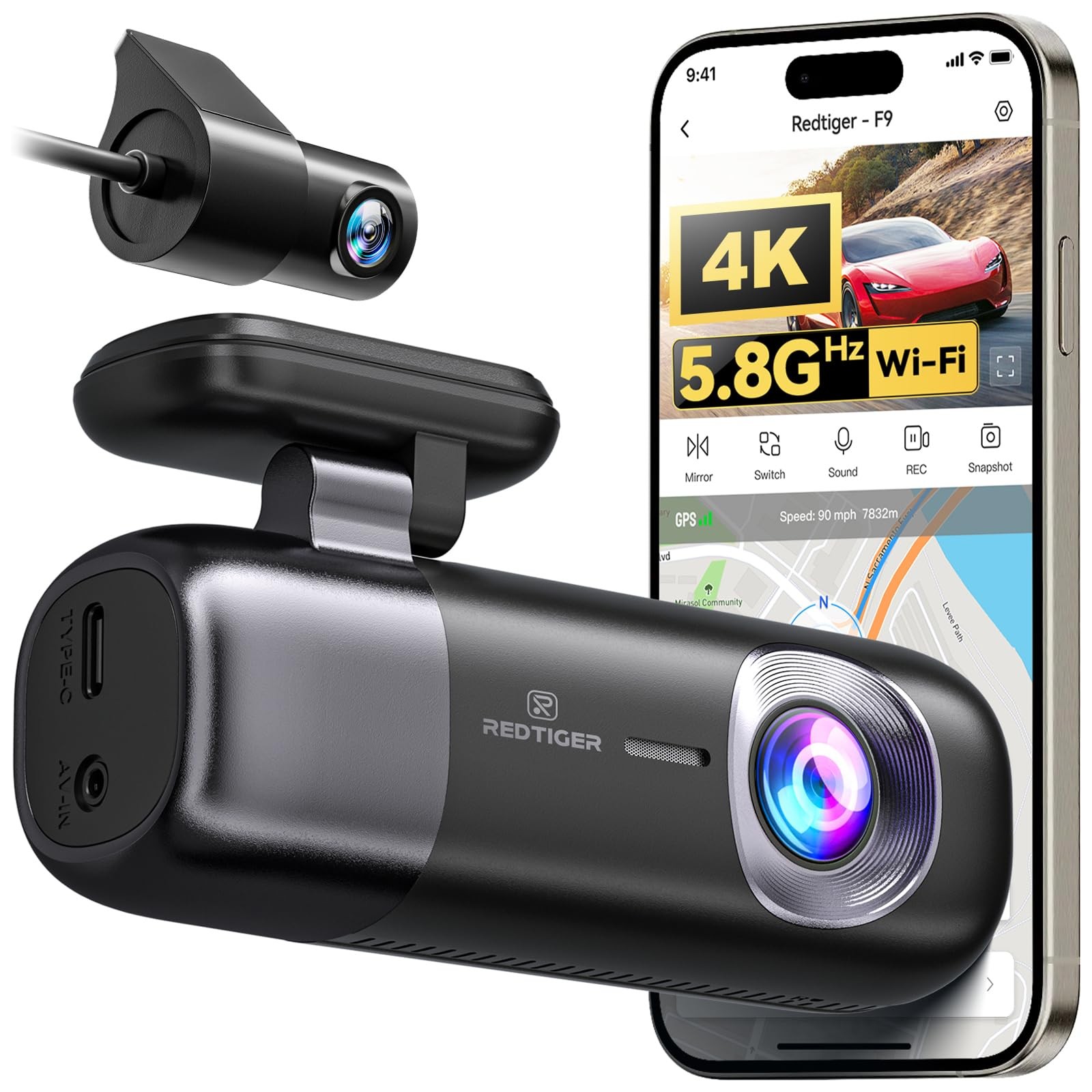 F9 4K Front and Rear Dash Cam, 5.8GHz WiFi & App Control, G-Sensor