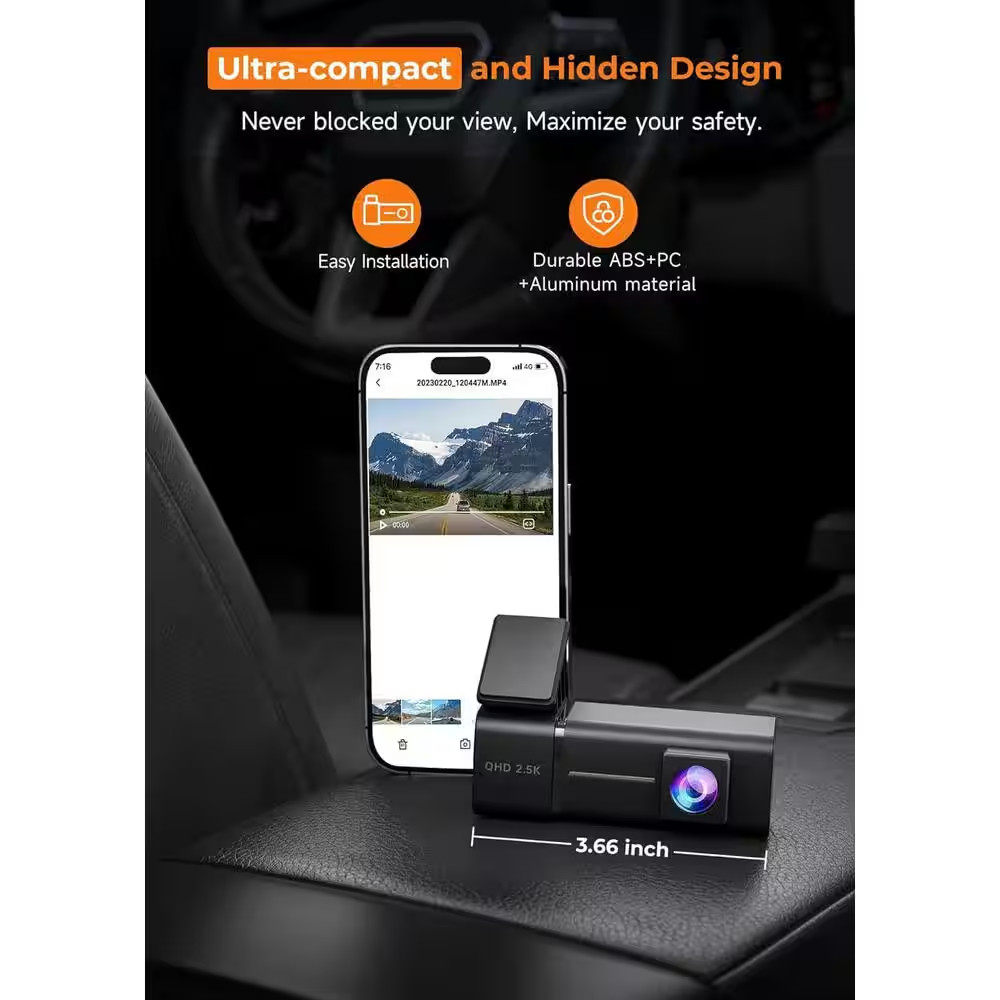2. 5K QHD 1440P Mini Front Dashcam with Night Vision, App, G-Sensor, 24H Parking