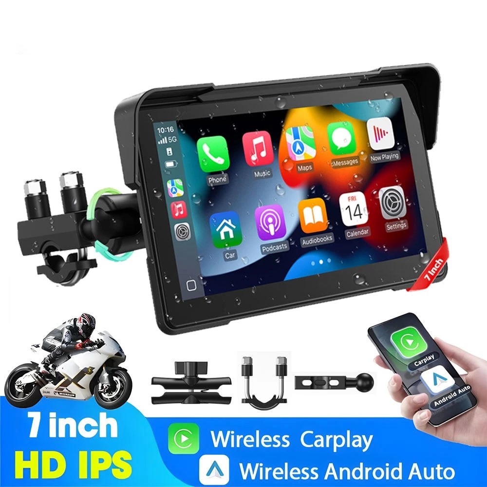 GPS Portable Motorcycle Navigator Wireless CarPlay Waterproof 7″IPS Touch Screen