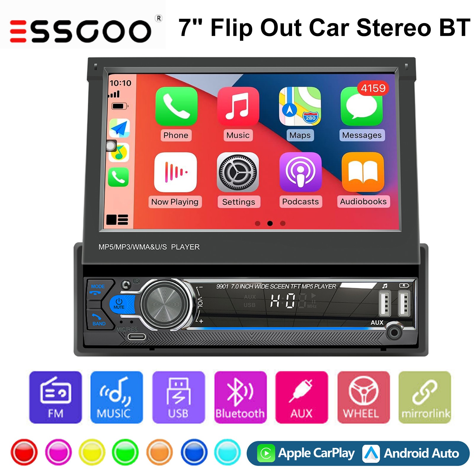 Single DIN 7″ Car Stereo USB Flip Out Touch Screen Bluetooth USB C AUX MP5 Radio