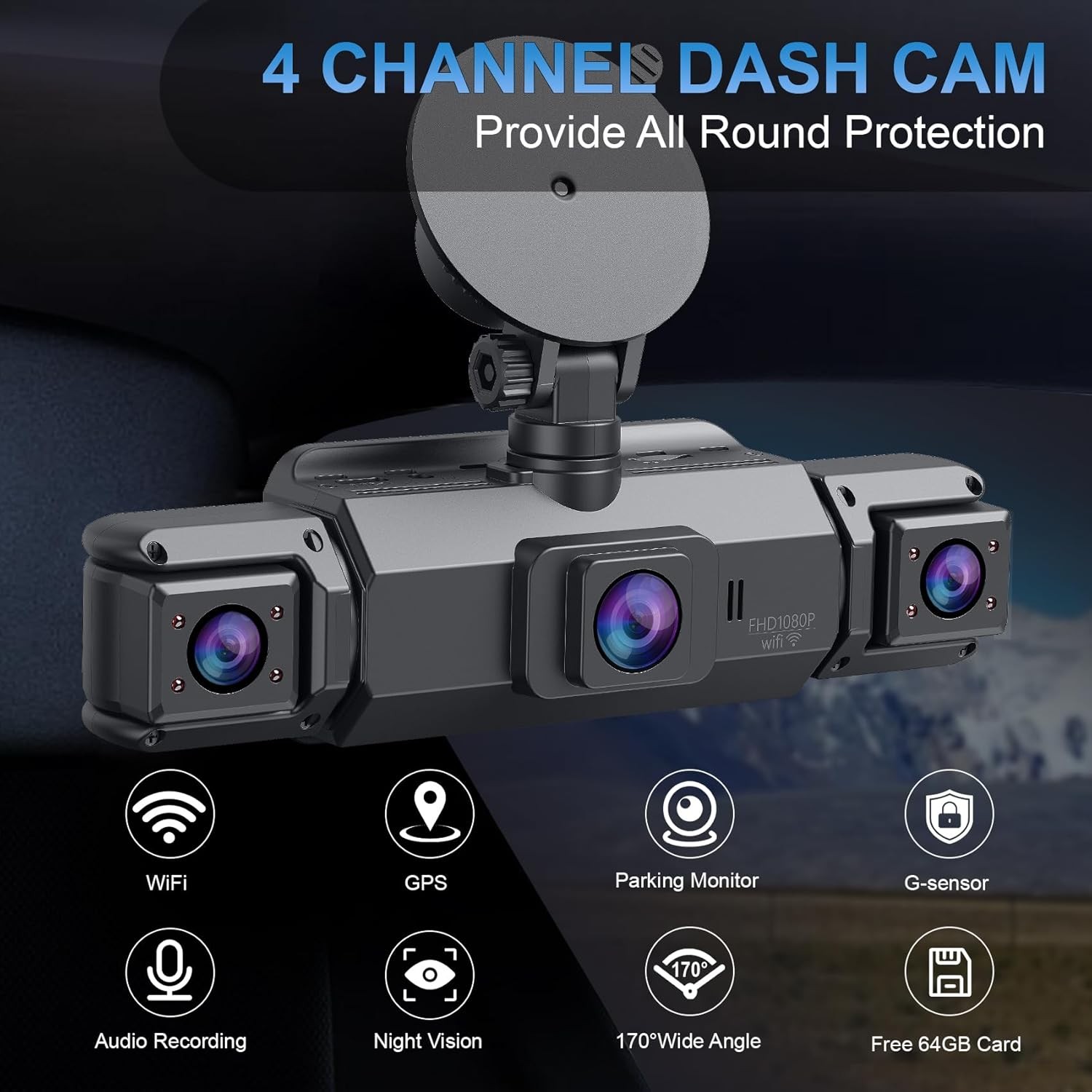 4Lens Dash Cam Wifi&5G Front Rear Inside Dash Cam 360° 1080P Car Camera 64GB