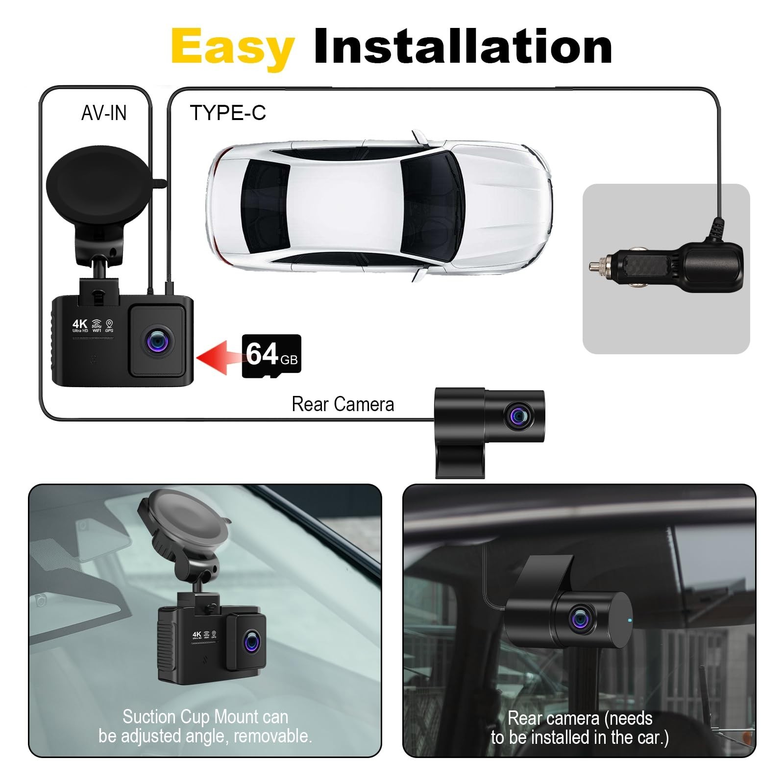 4K Dual Channel Dash Cam Front & Rear, WiFi GPS, 64GB Card, Night Vision, 170° W