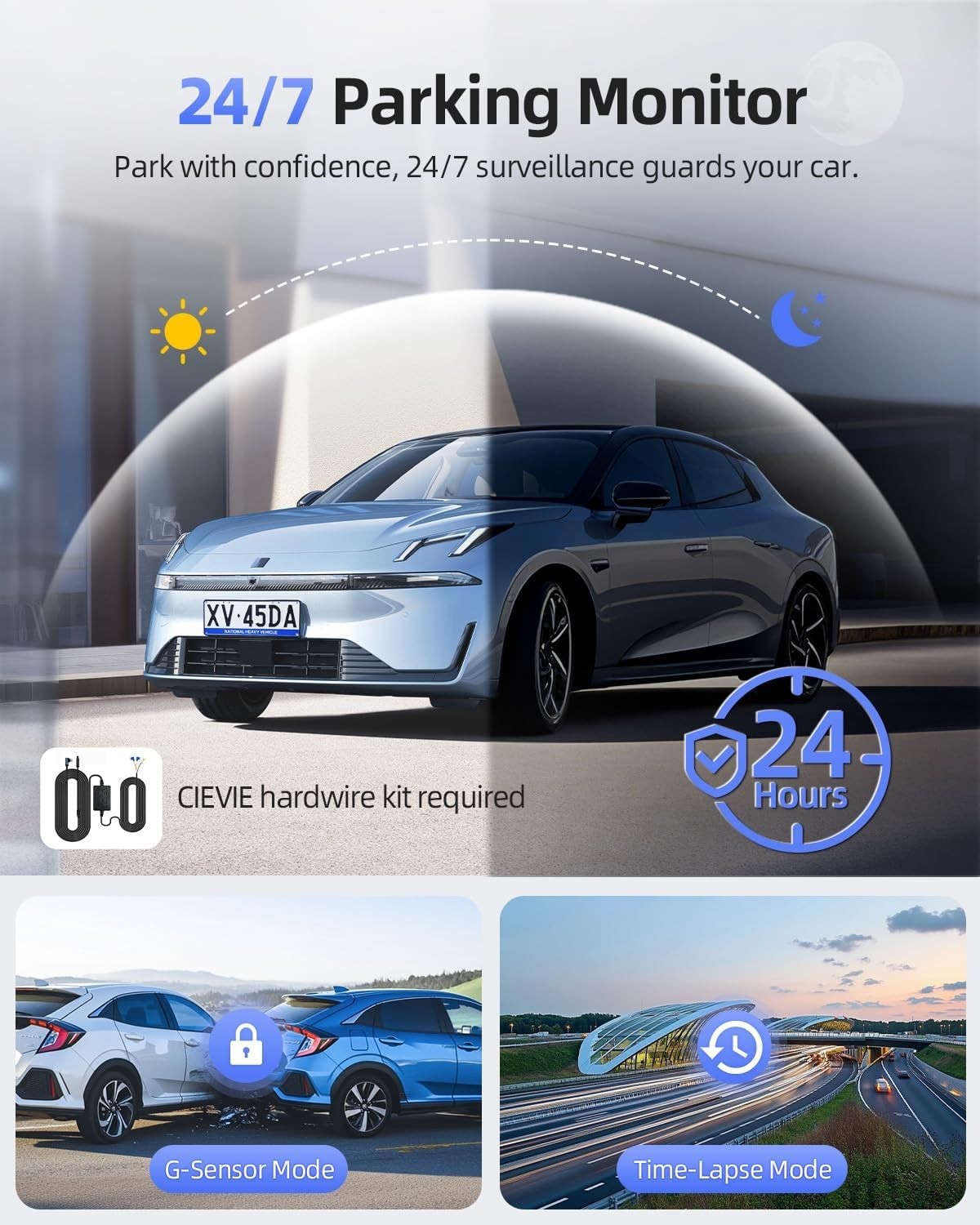 170° Wide Angle Dash Cam with 24-Hour Parking Mode & 64GB SD Card Included