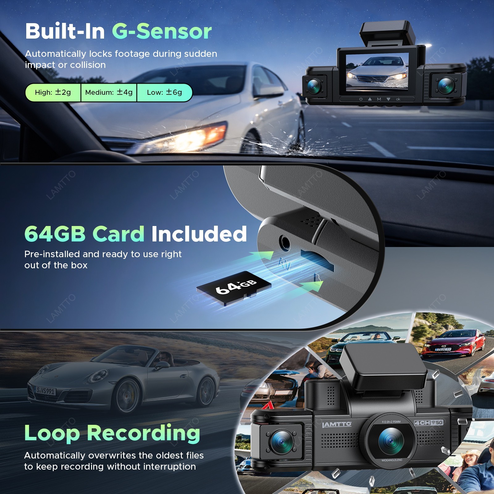 360° 4 Channel WiFi 1080P Car Dash Cam Front and Rear Inside Left Right Camera