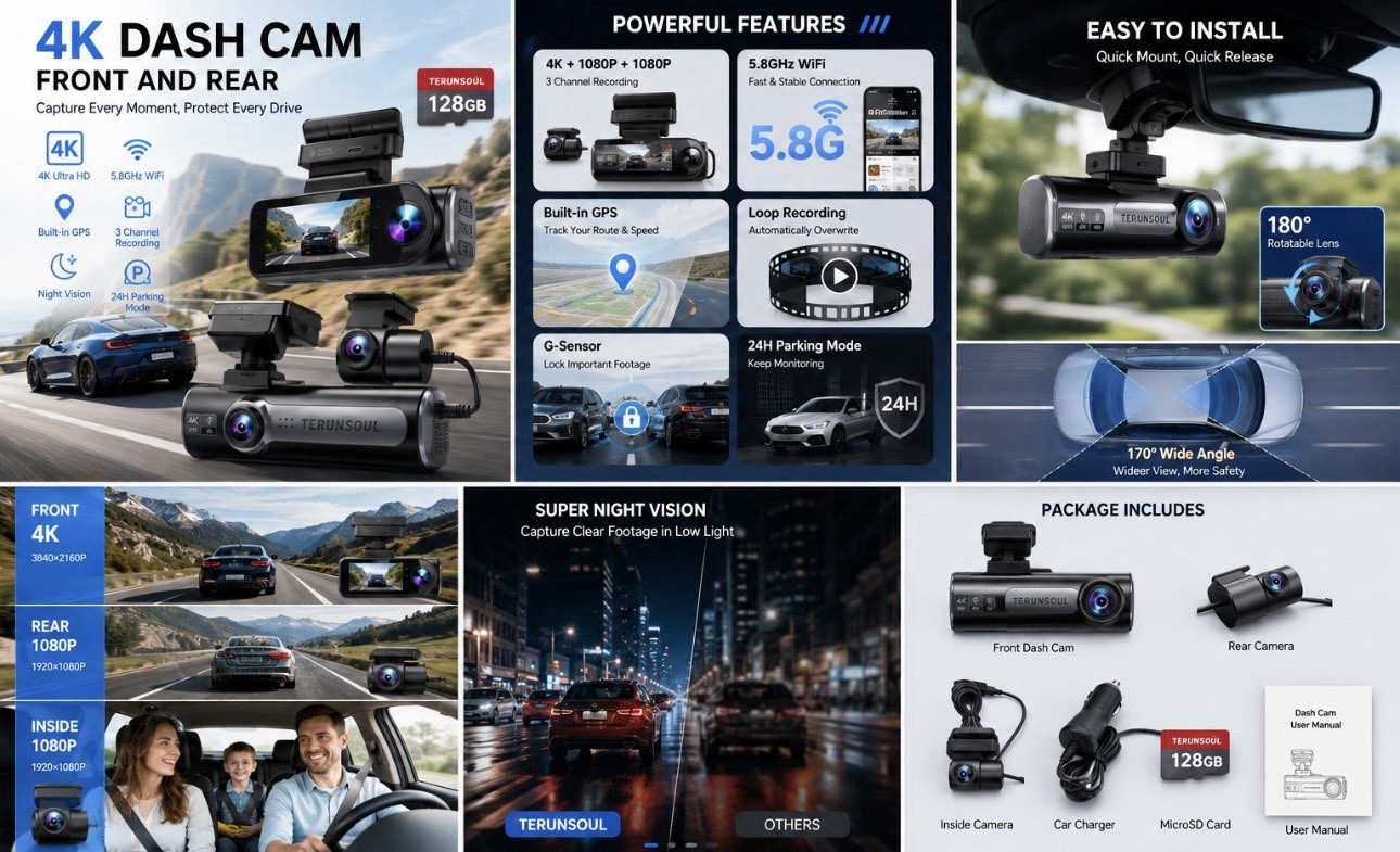 4K Dash Cam Front & Rear – 3 Channel Dash Camera with GPS & 128GB Card