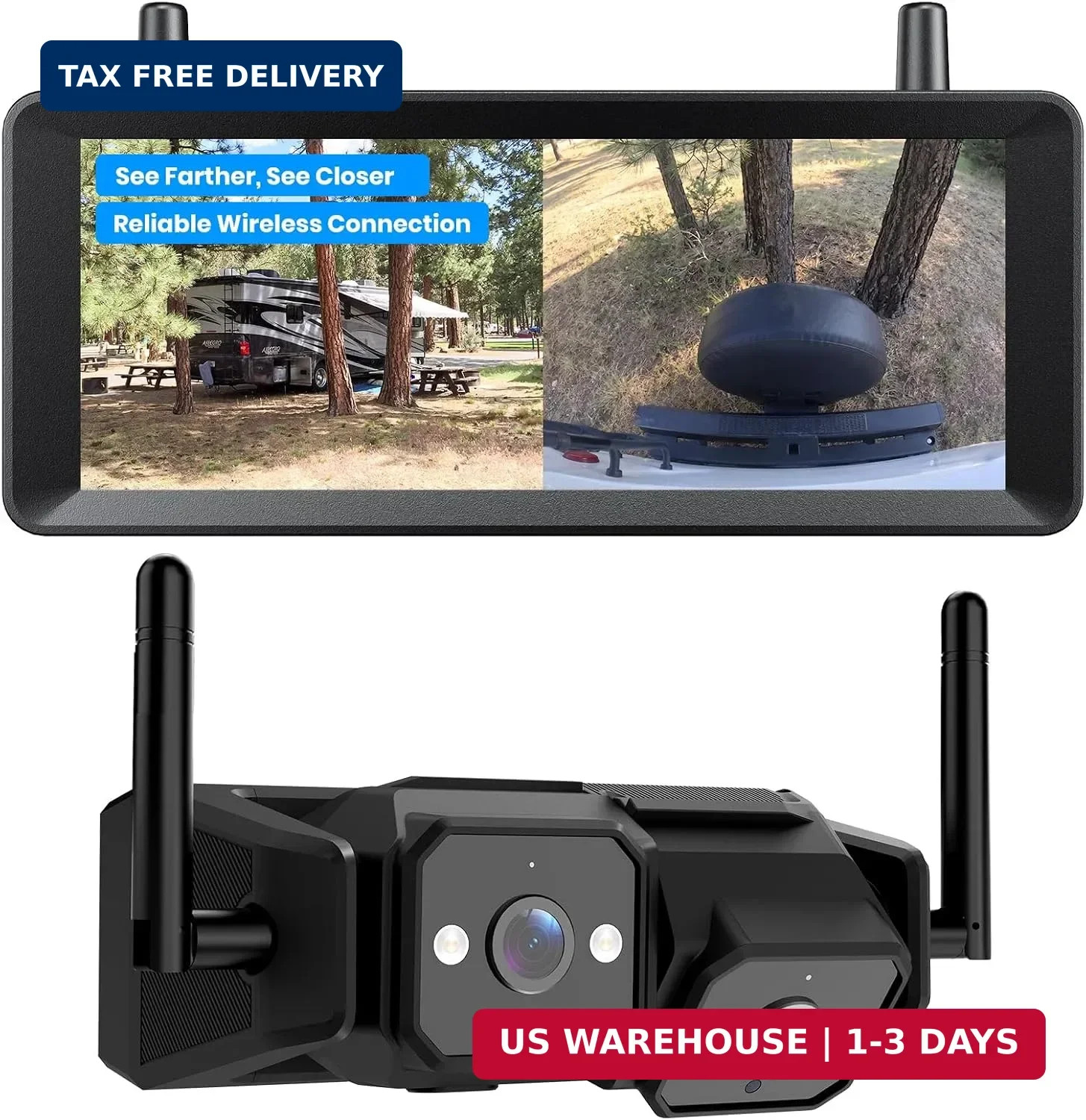 Wireless RV Backup Camera, Dual Lens Road and Bumper View | Dual Antenn