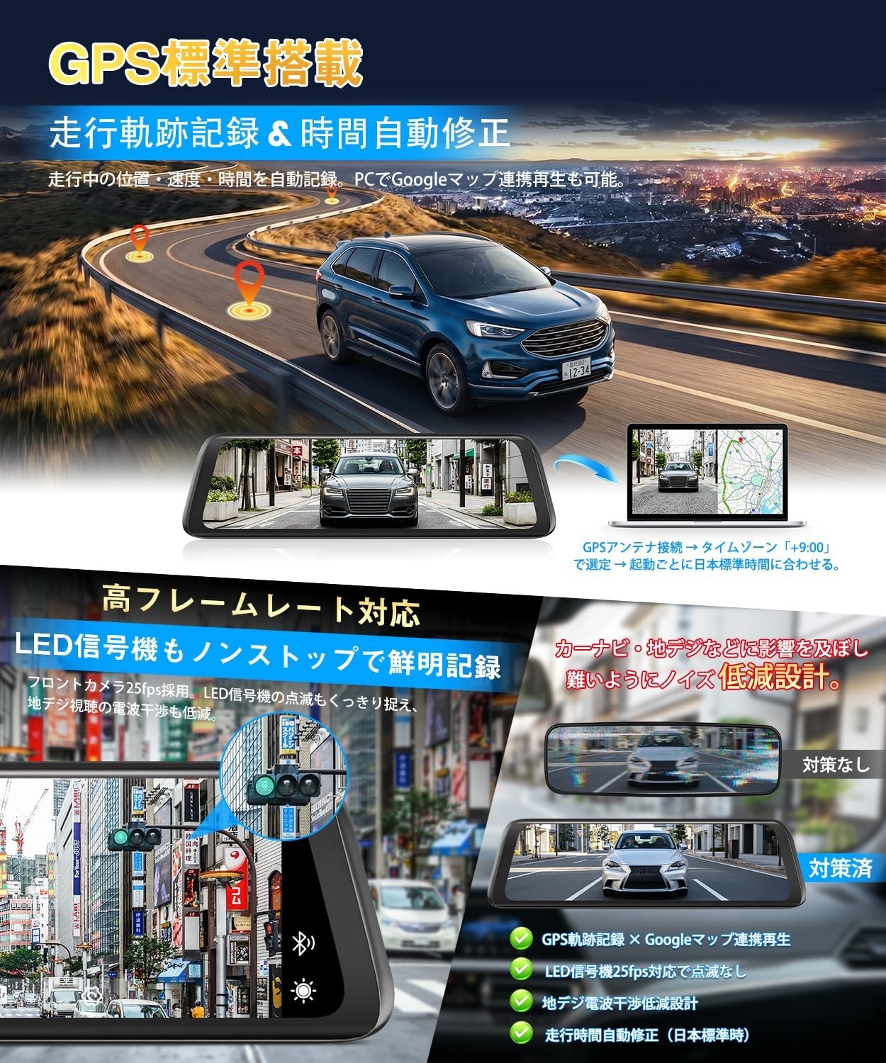 AUTO-VOX T9 Max Mirror Dash Cam Front Rear GPS Parking Monitor supercapacitor
