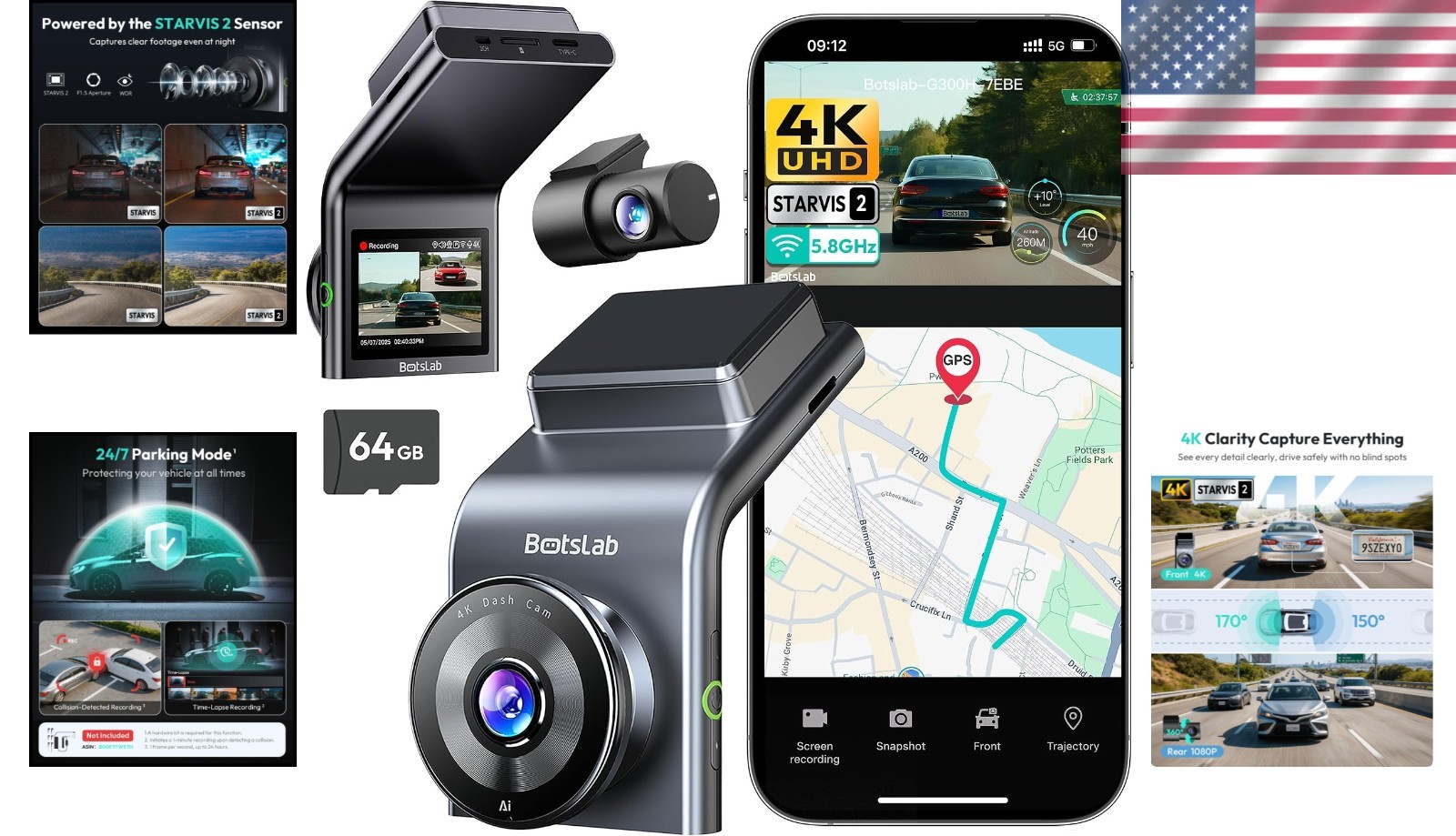 Dash Cam Front and Rear | 4K+1080P Ultra HD | Voice Control