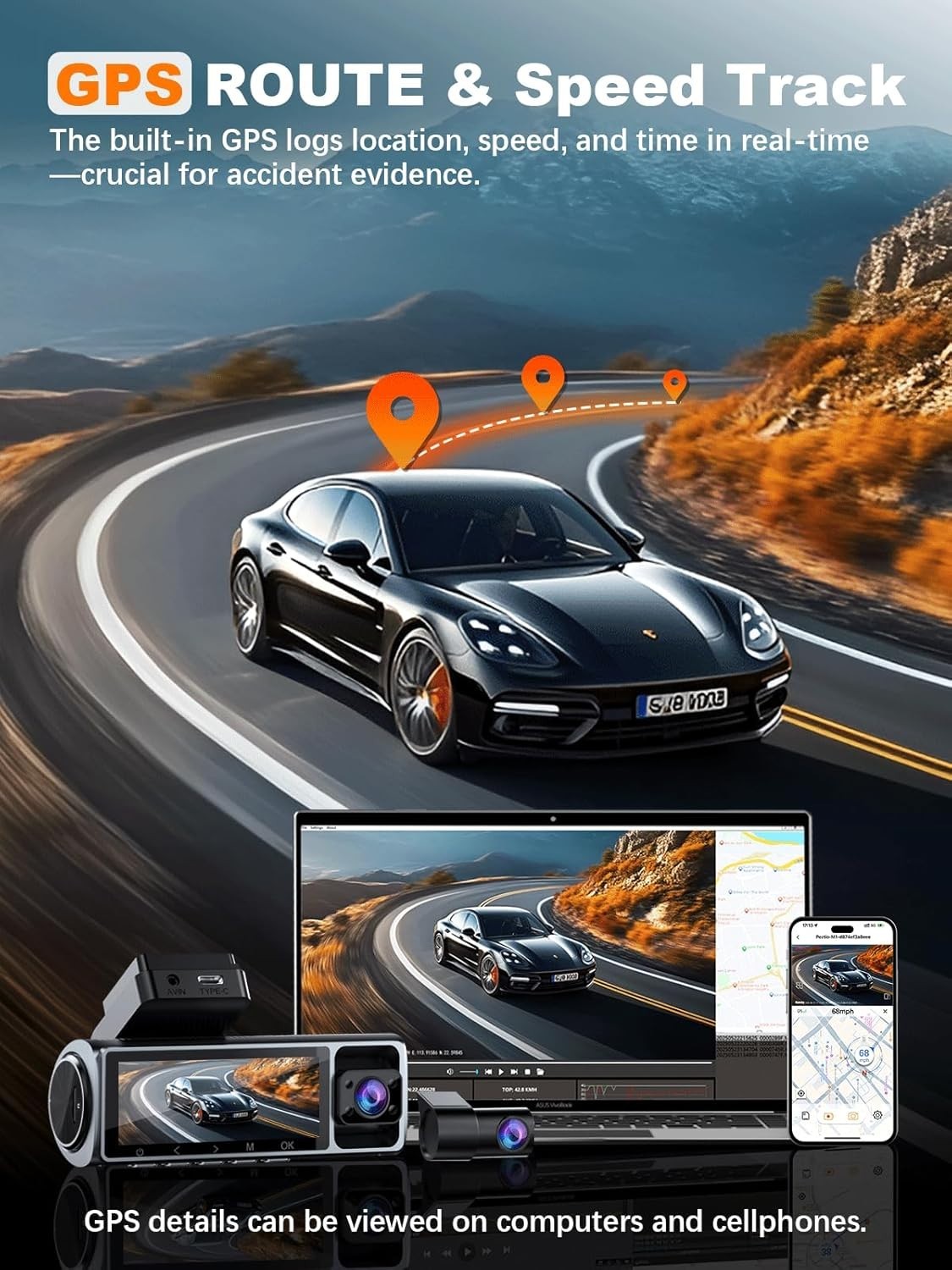 4K 3 Channel Dash Cam Front and Rear Inside, Built-in 5.8GHz WiFi GPS, 64GB C…