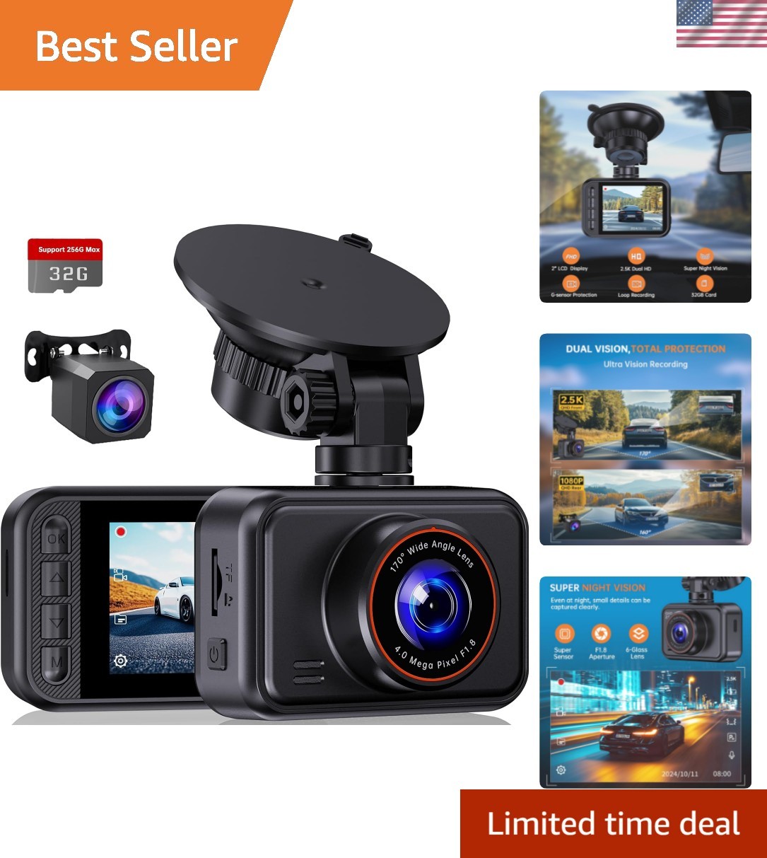 Advanced Dual Lens Dash Cam with 2.5K Front, 1080P Rear, 24-Hr Parking Monitor