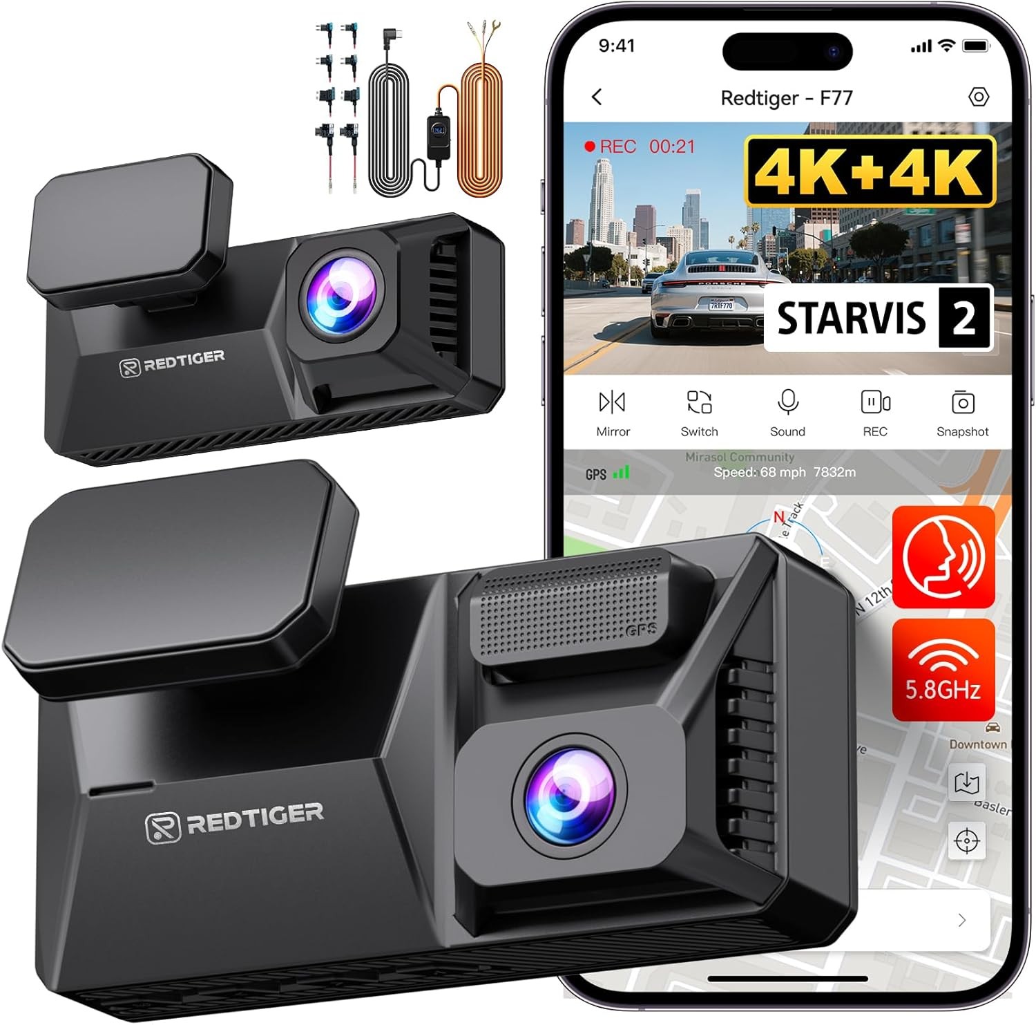 REDTIGER F77 Dash Cam 4K+4K Dual IMX678,Voice Control,5.8GHz WIFI,Hardwire Kit