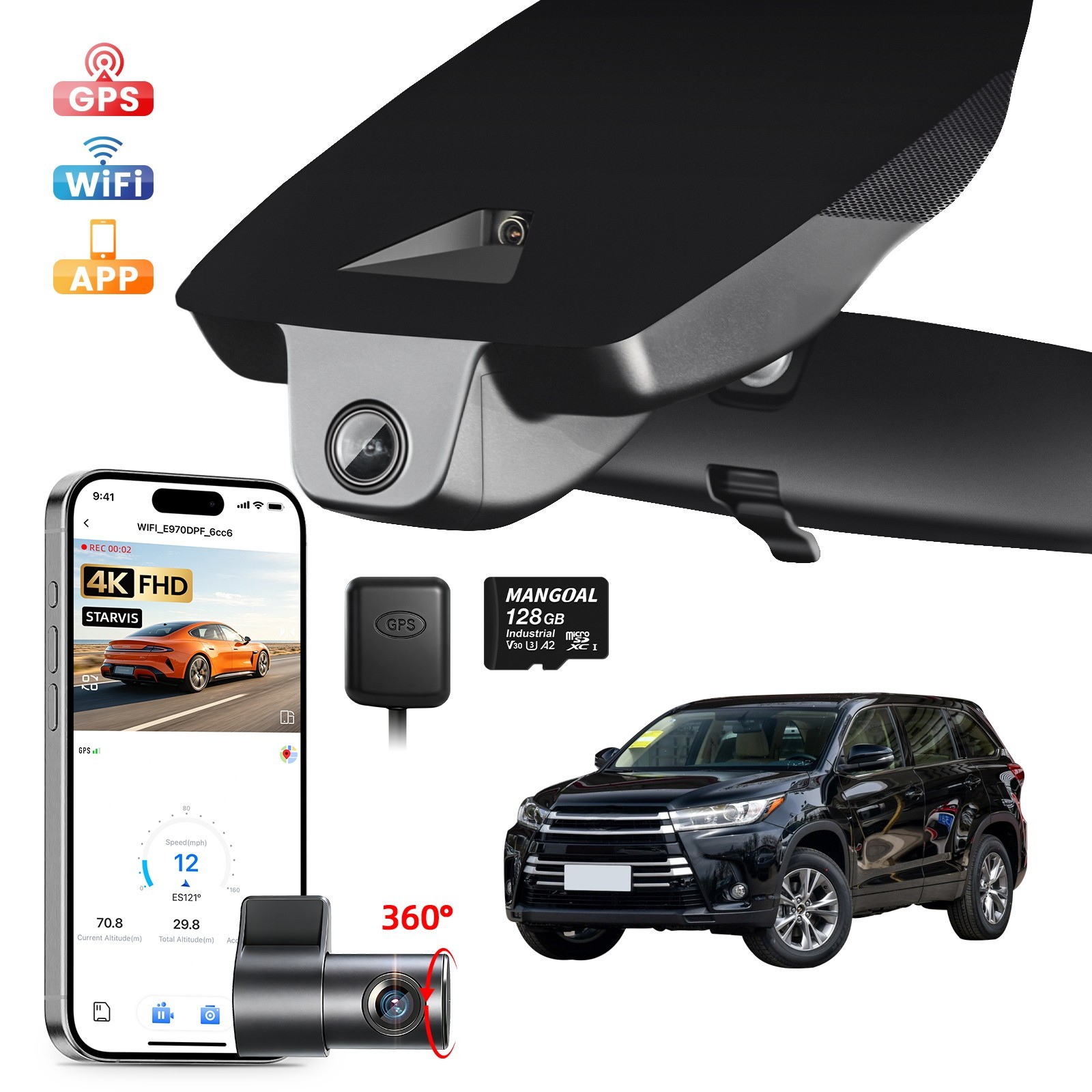 4K Front +1080P Rear Dash Cam for Toyota Highlander & Hybrid Gen3 UX50 2017-2019