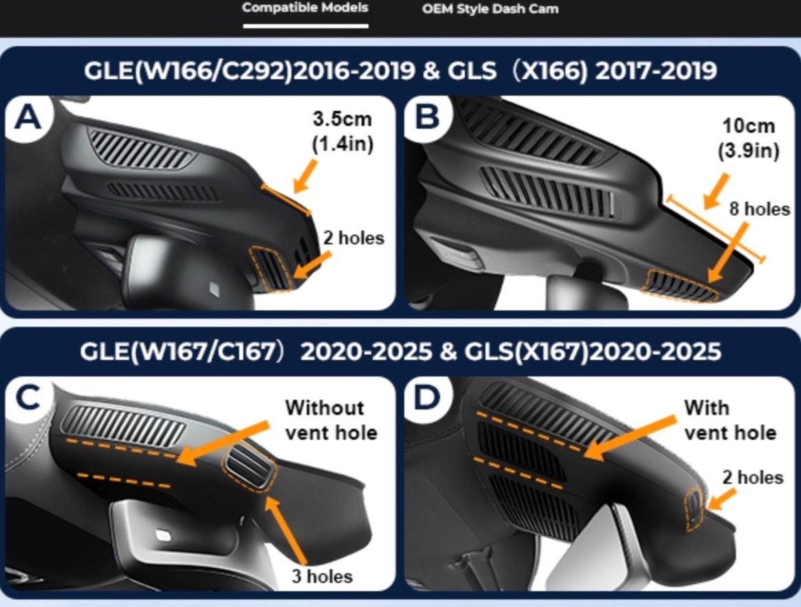 Front 4k & Rear 1080p Dash Cam for Mercedes-Benz GLE(W167/C167) 2020-2025 & GLS