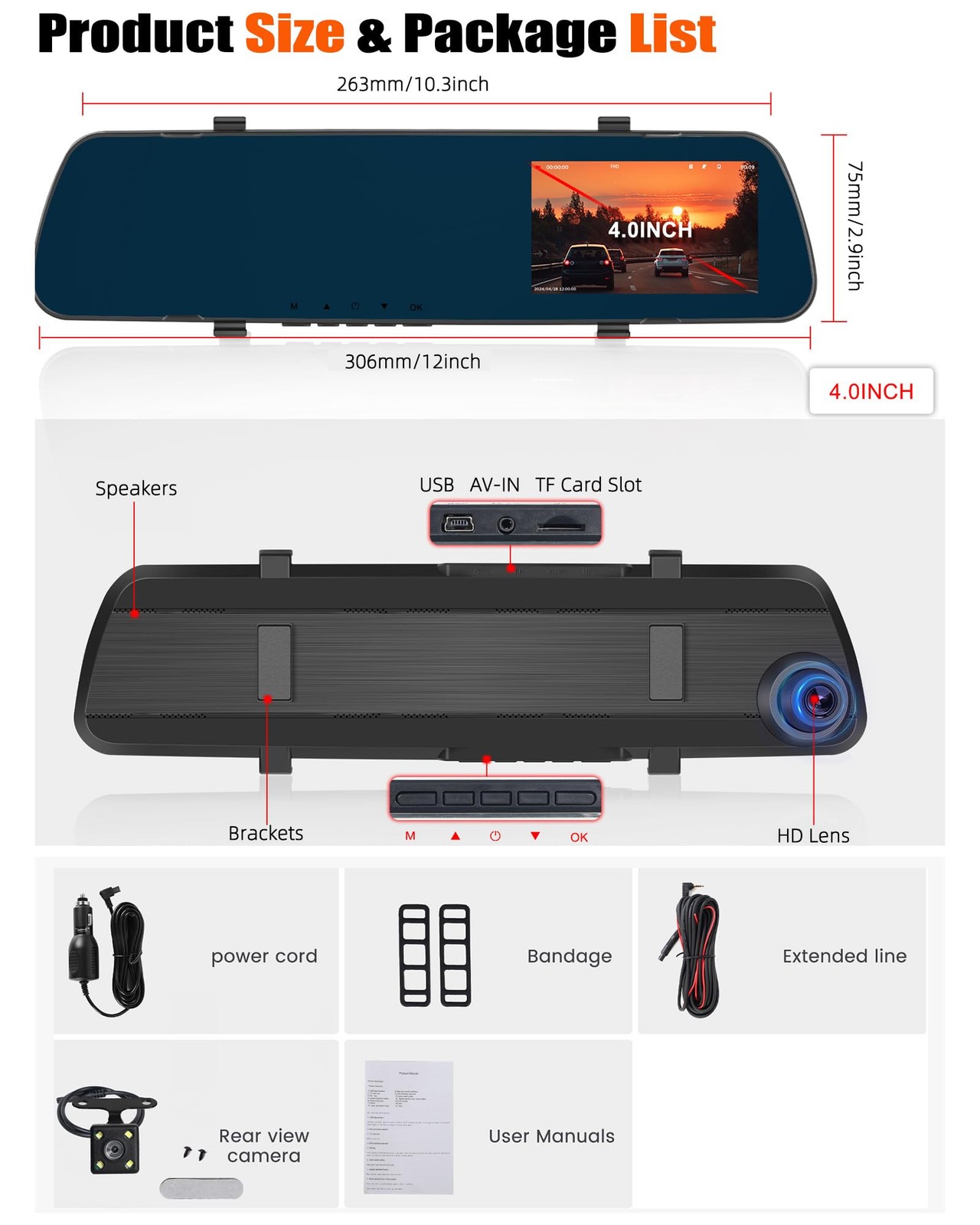 Mirror Dash Cam 4 Inch Rear View Mirror 1080P Front and Rear View Dual Camera…