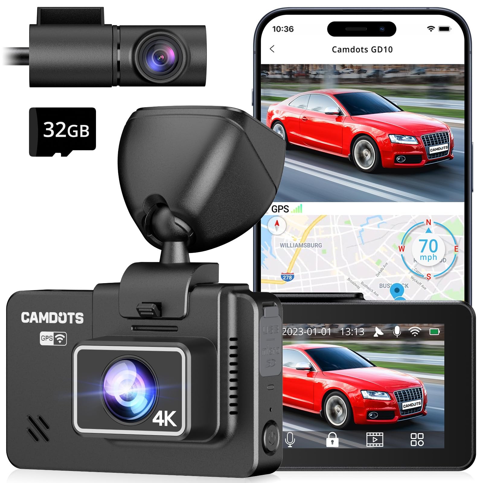 4K Dash Cam Front and Rear, GD10 Upgraded Version 3″ IPS Touchscreen Dash Camera